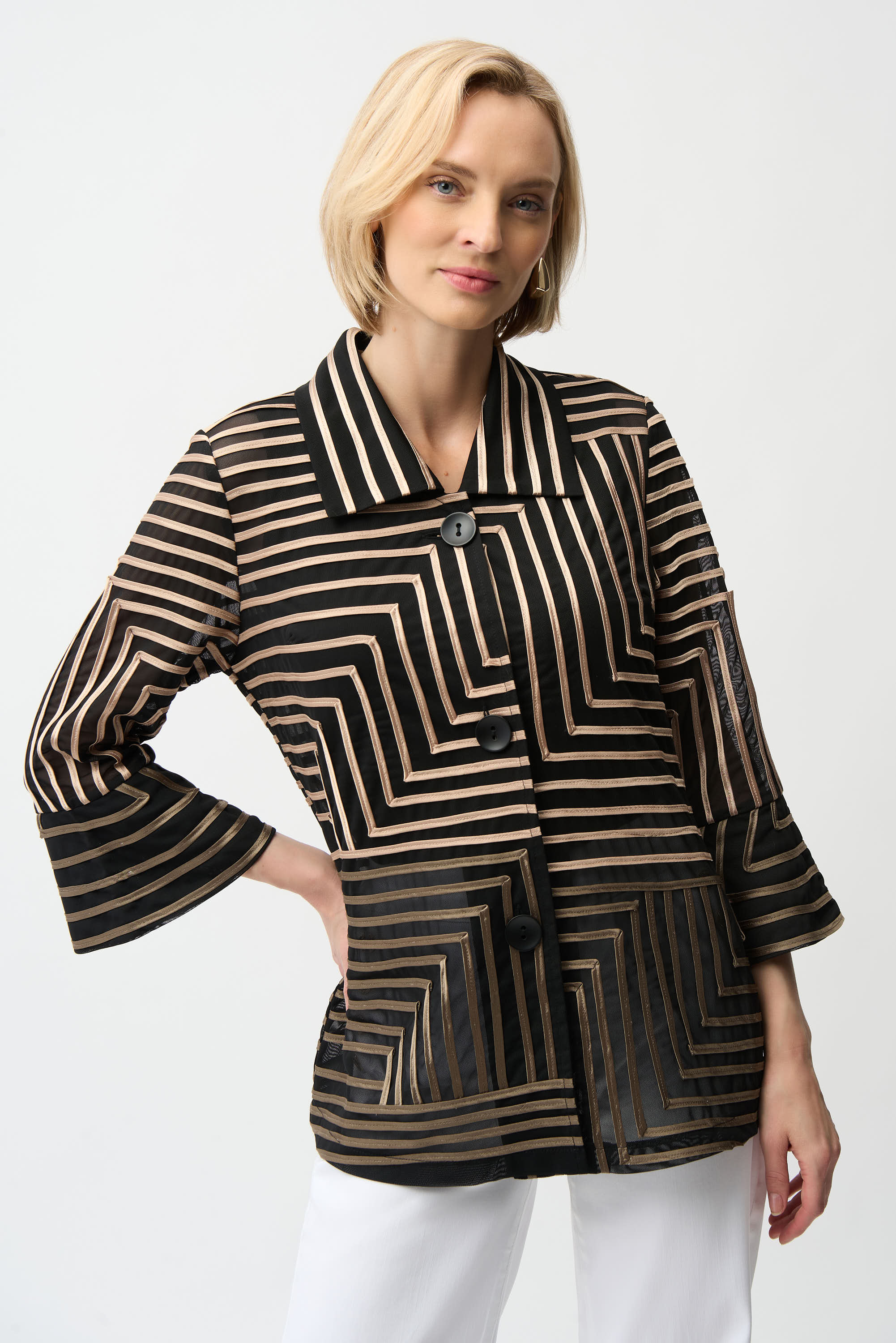 Joseph Ribkoff Satin And Mesh Abstract Print Jacket With Bell Sleeve Style 261980