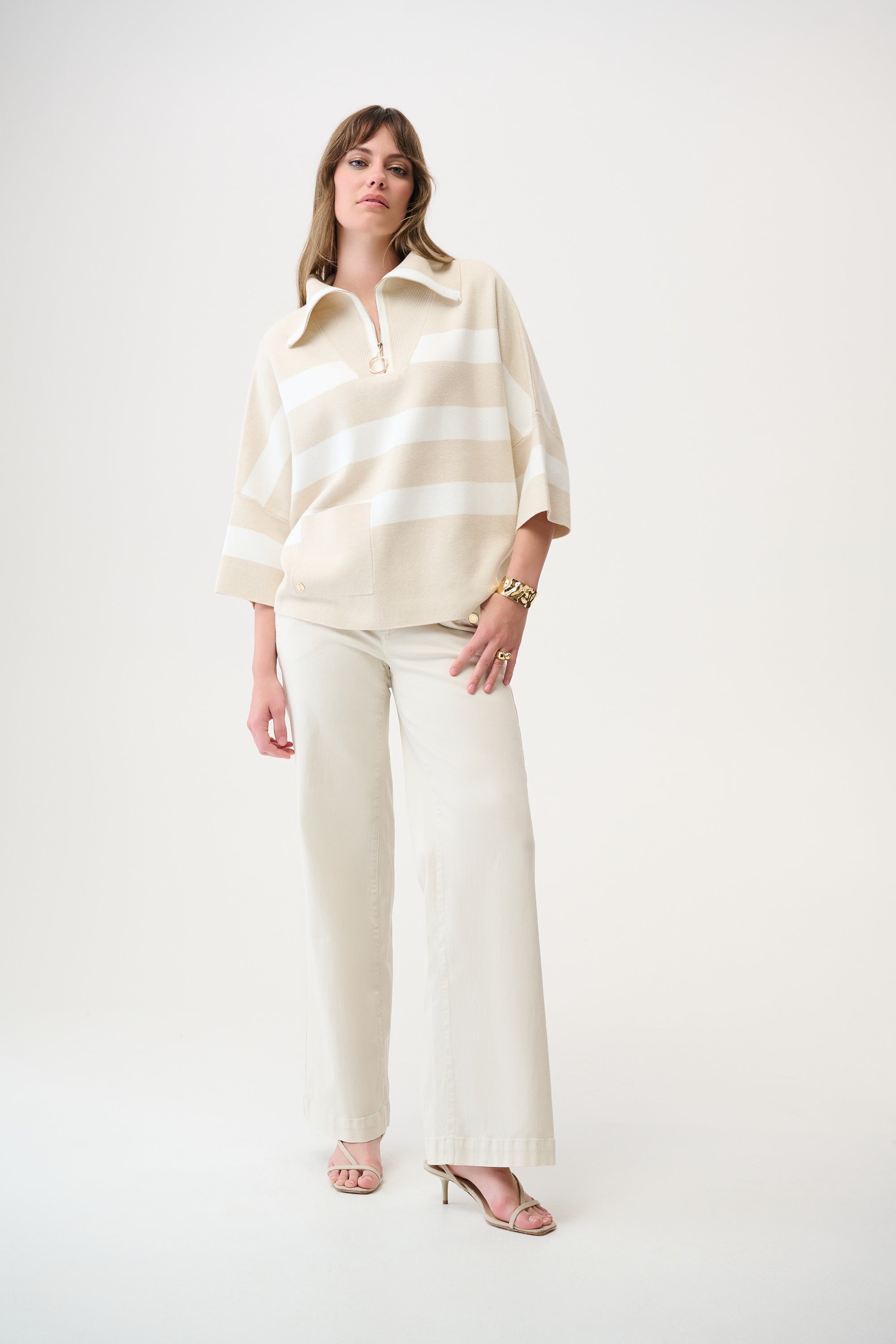 Joseph Ribkoff Stripe Print Boxy Sweater with Zipped Collar Style 261983