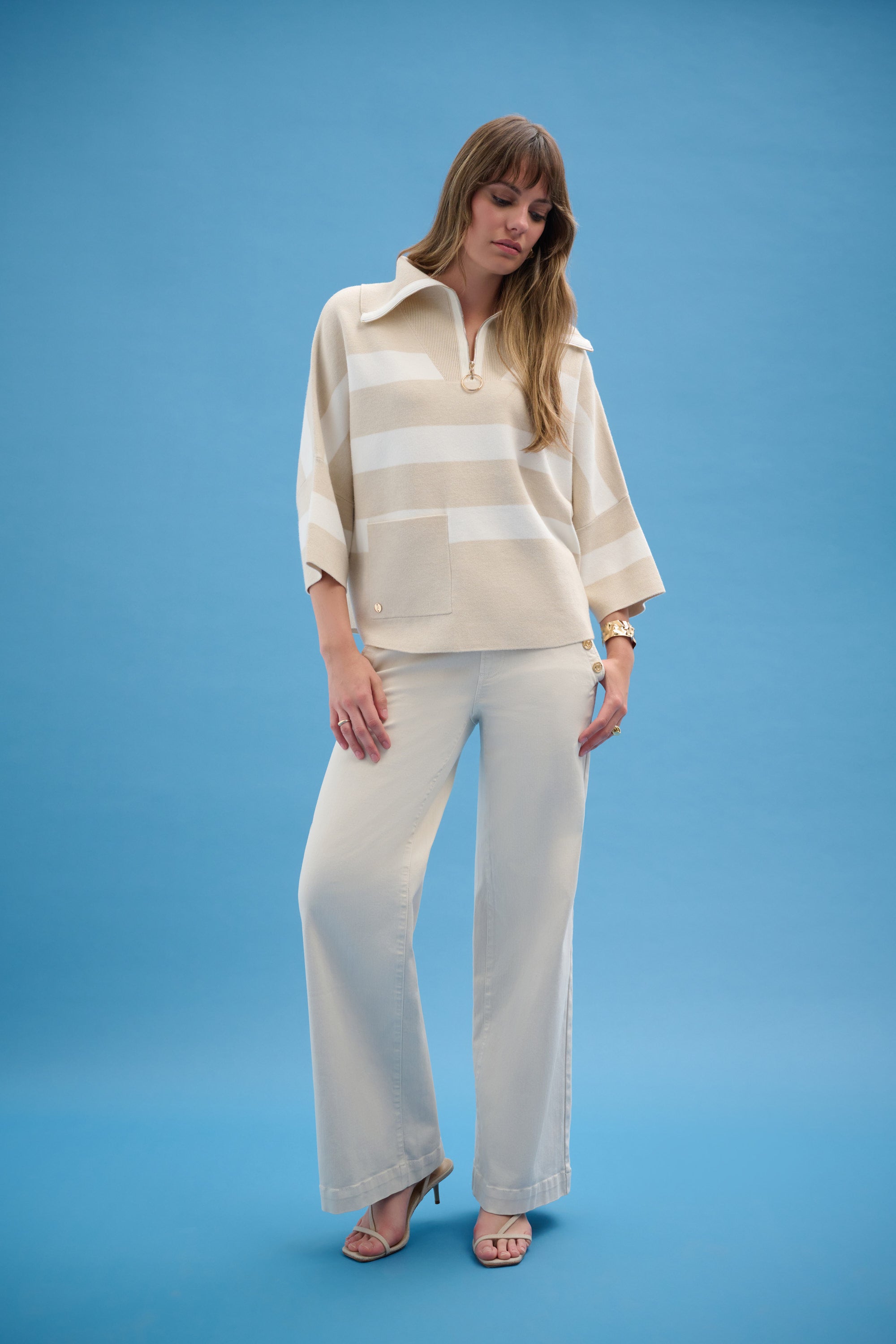 Joseph Ribkoff Stripe Print Boxy Sweater with Zipped Collar Style 261983