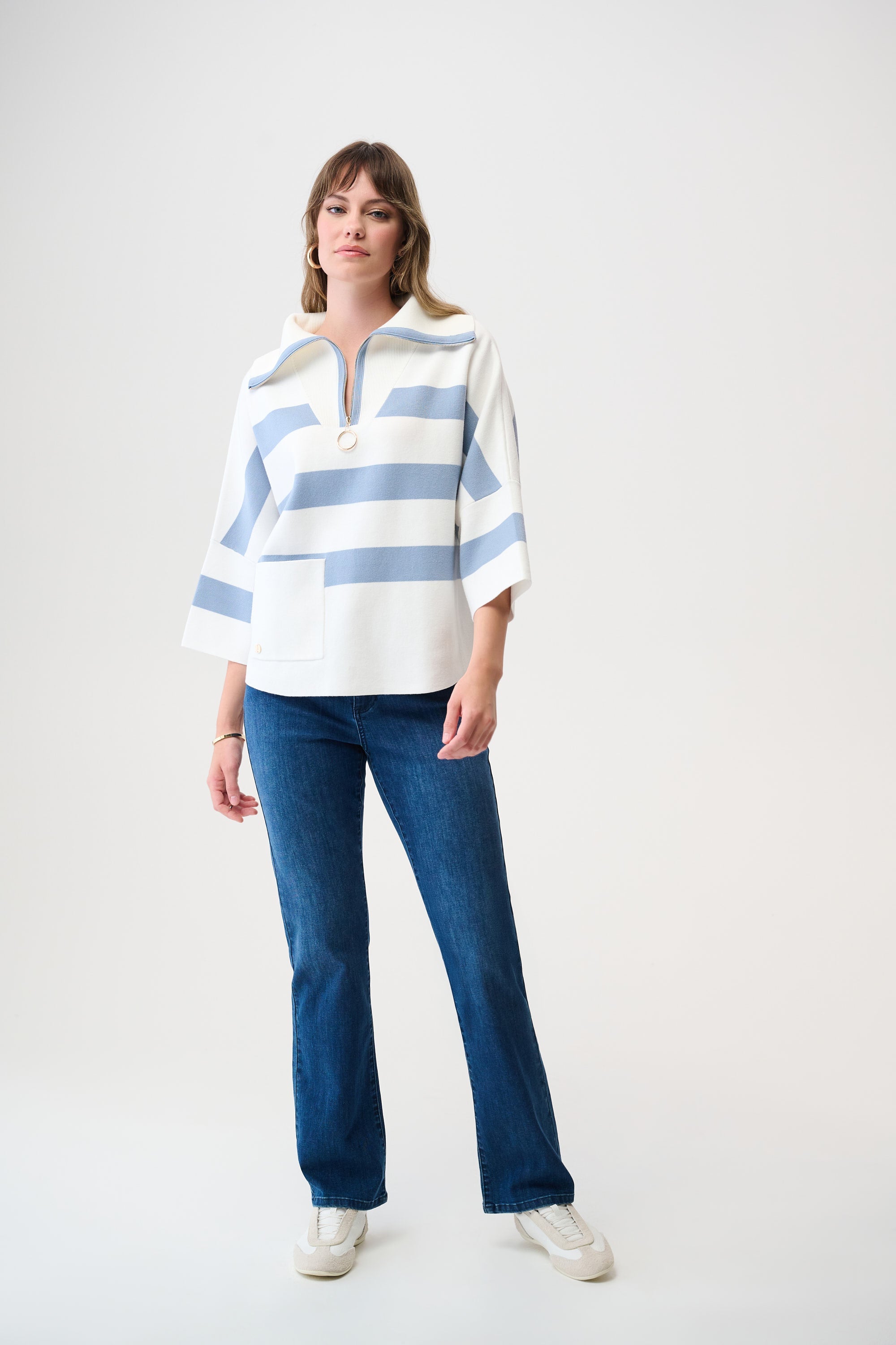 Joseph Ribkoff Stripe Print Boxy Sweater with Zipped Collar Style 261983