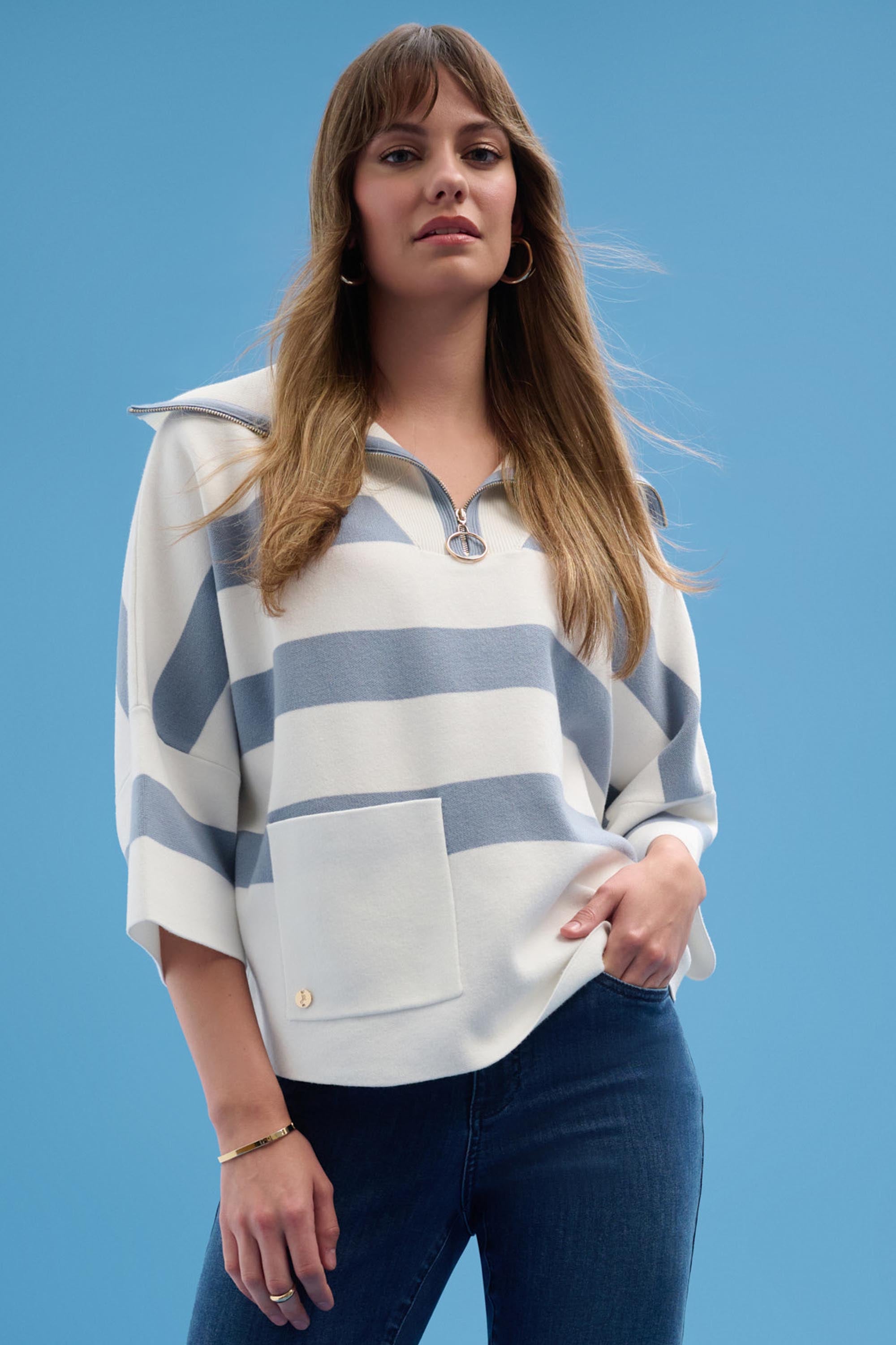 Joseph Ribkoff Stripe Print Boxy Sweater with Zipped Collar Style 261983