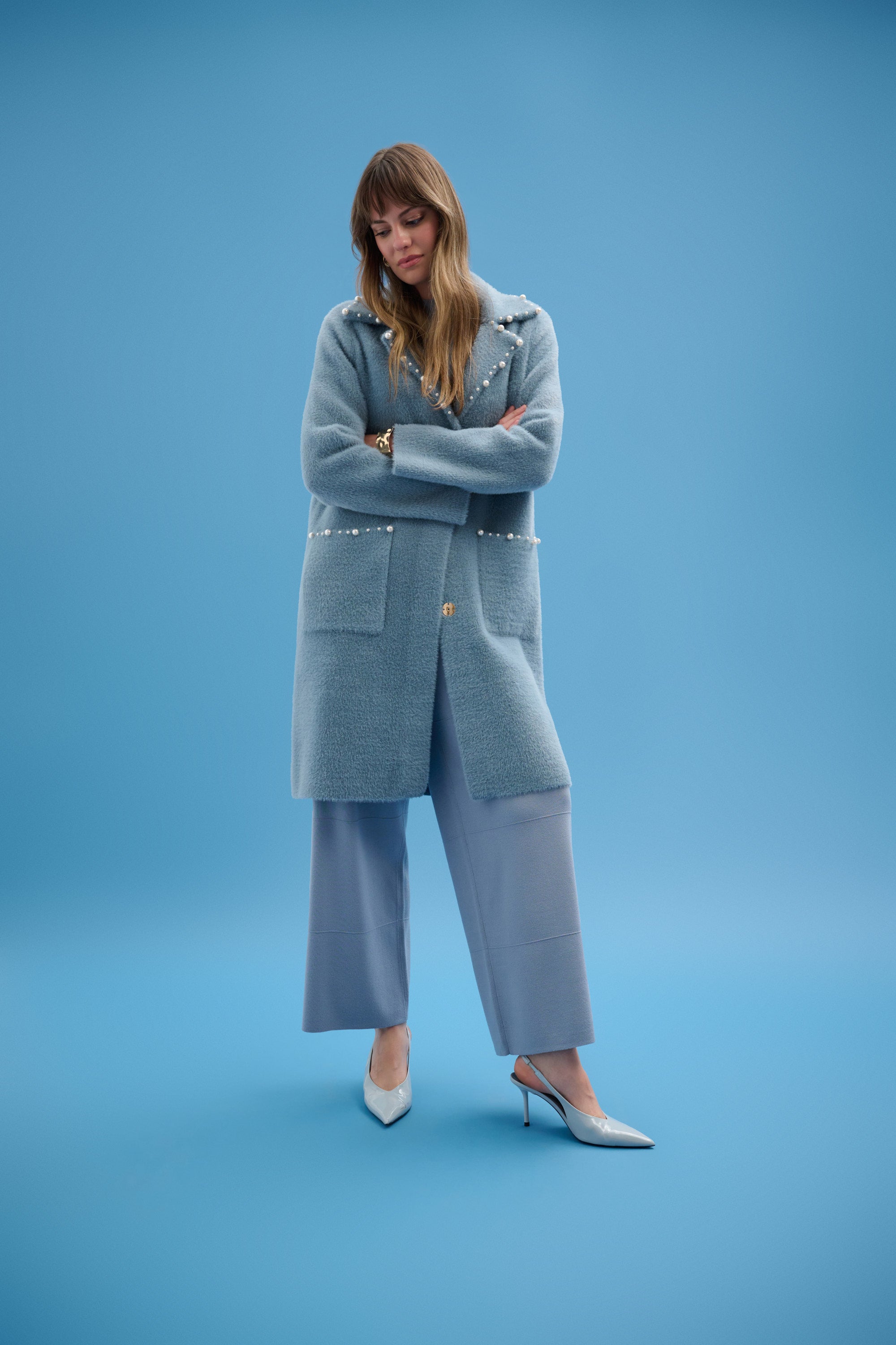 Joseph Ribkoff Feather Yarn Sweater Coat with Pearl Trim Style 261997