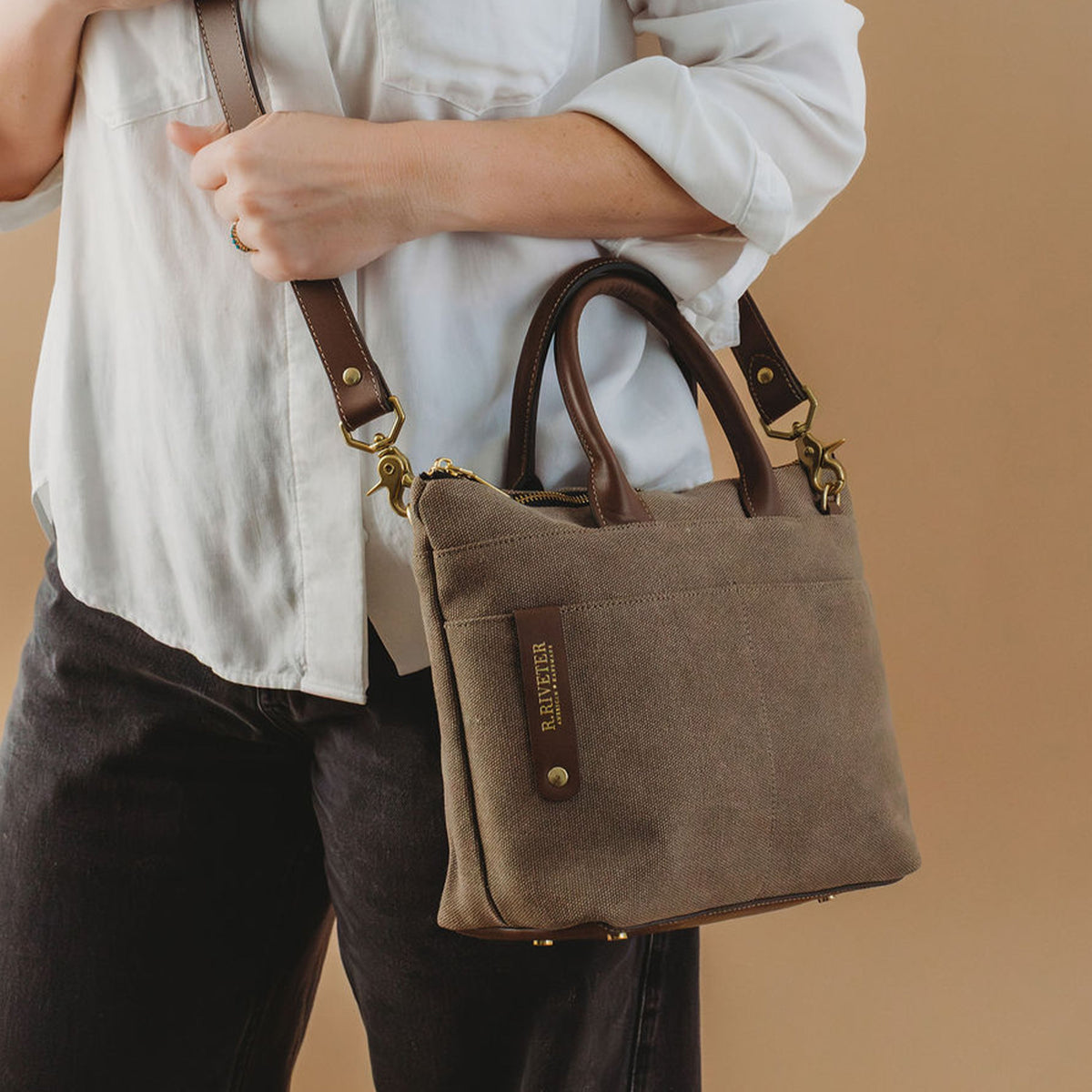 Dot Tote | Fatigue Washed Canvas + Brown Leather