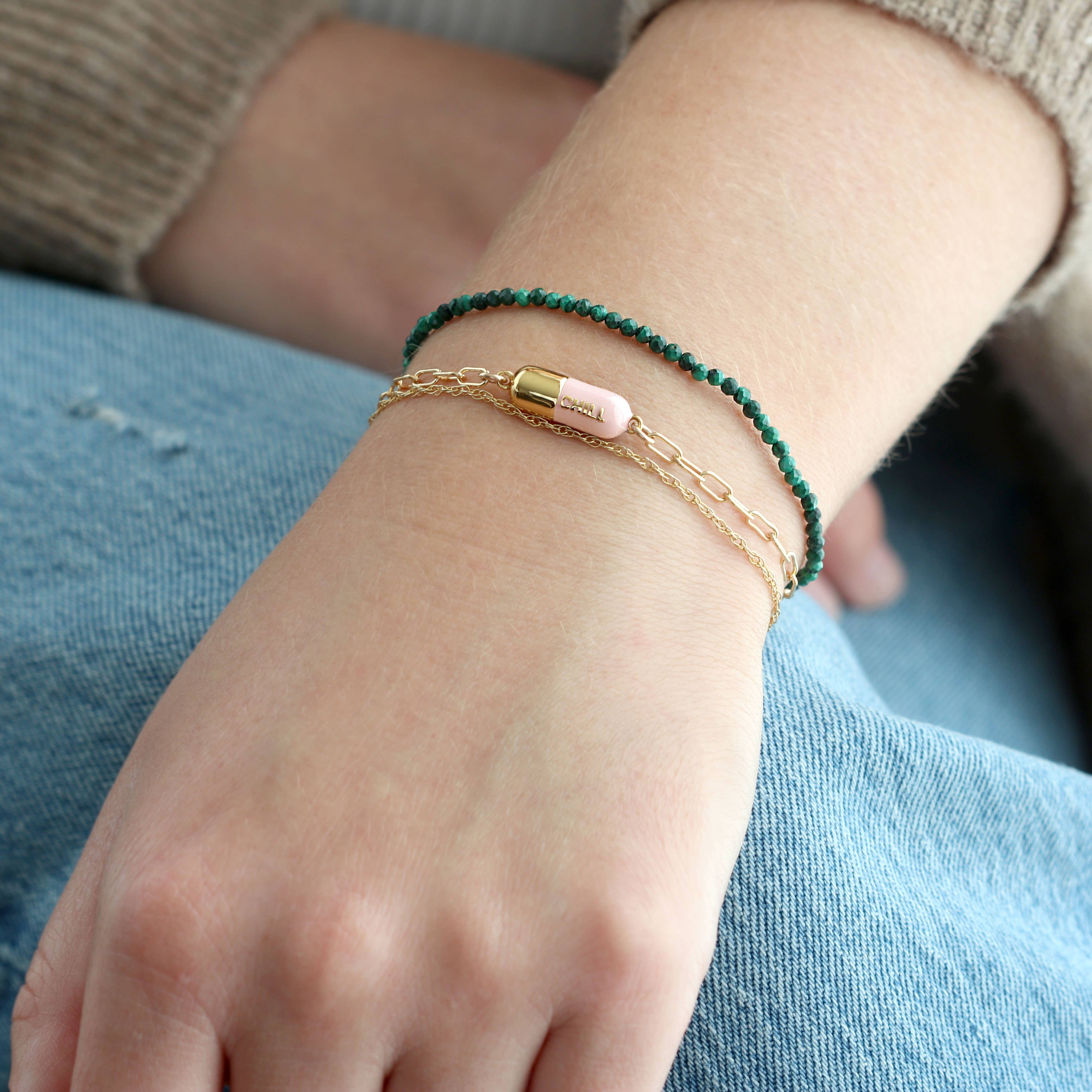 Kris Nations - Chill Pill Charm Bracelet 18K Gold Vermeil | Sterling Silver Charm Gold Filled | Sterling Silver Drawn Cable Chain Multiple Colors Lobster Clasp Nickel Free Ships from CA
