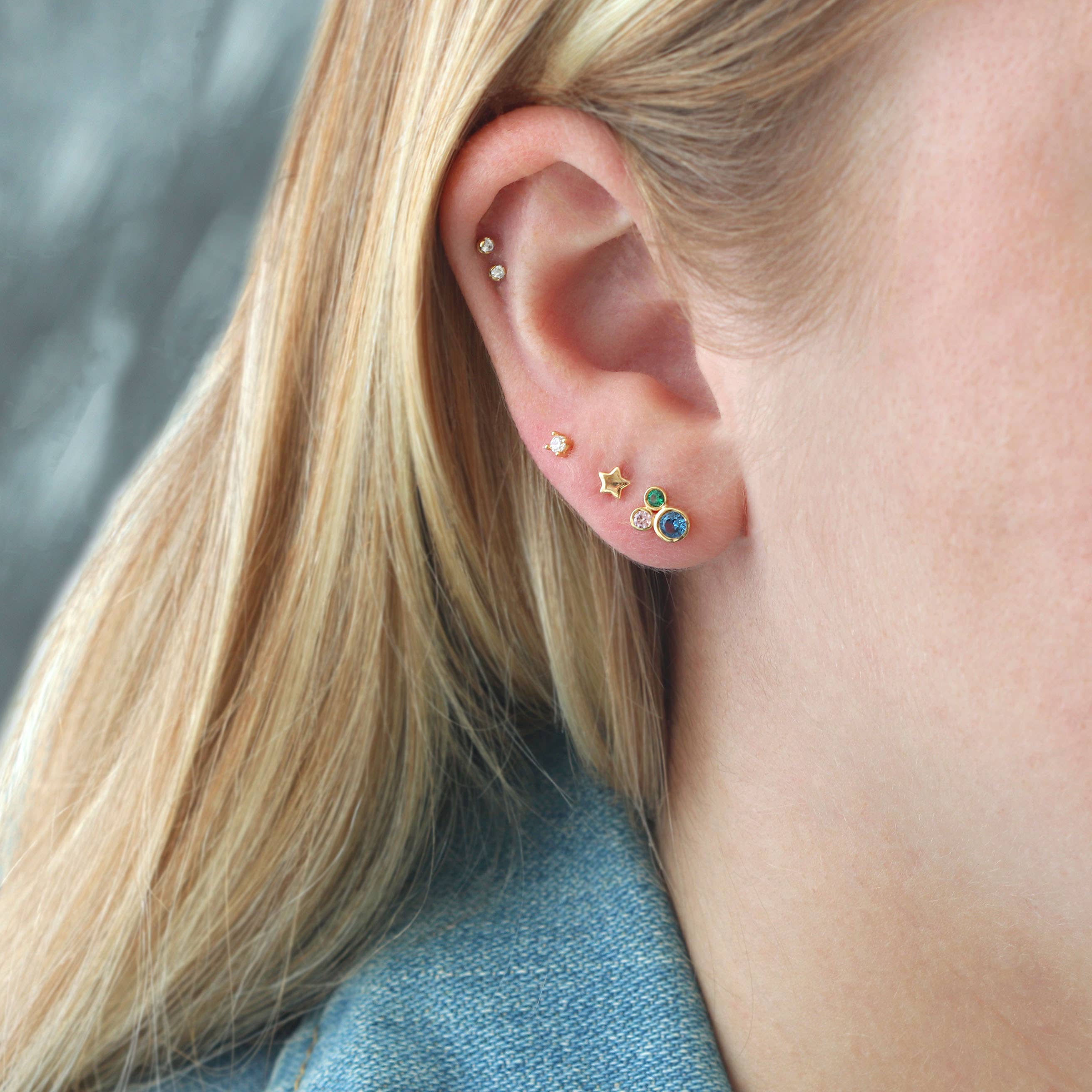 Kris Nations - Modernist Stud Earrings 18K Gold Vermeil Sapphire, Emerald Green and Pink Topaz CZ Crystal Cluster Nickel Free Hypoallergenic Ships from CA