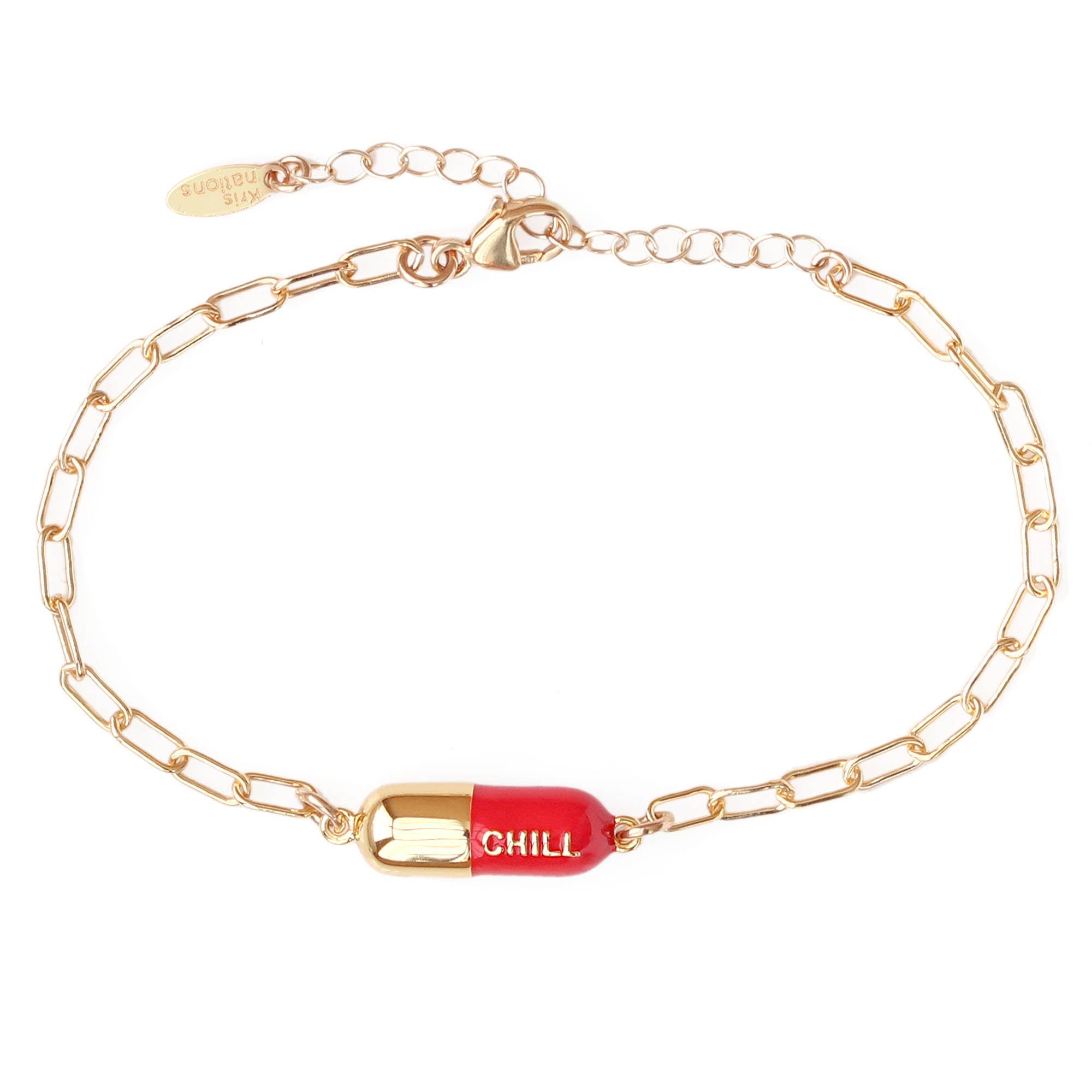 Kris Nations - Chill Pill Charm Bracelet 18K Gold Vermeil | Sterling Silver Charm Gold Filled | Sterling Silver Drawn Cable Chain Multiple Colors Lobster Clasp Nickel Free Ships from CA