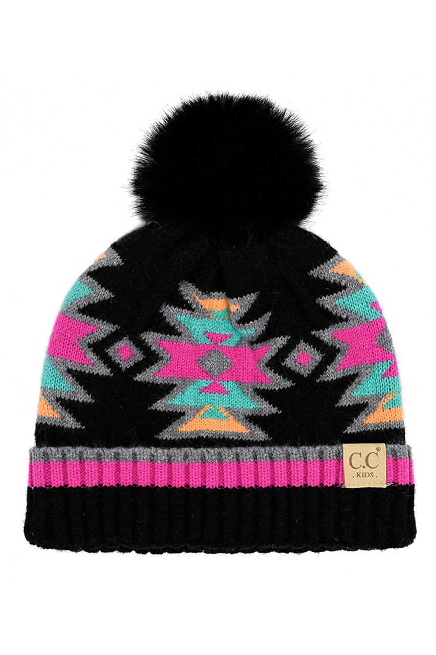 C.C Kids Southwest Pattern Faux Fur Pom Beanie