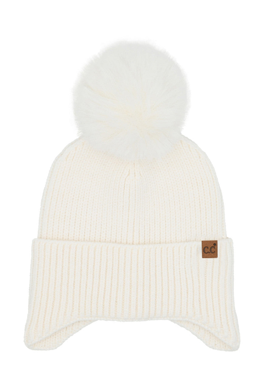 C.C Earflap Pom Knit Solid Beanie