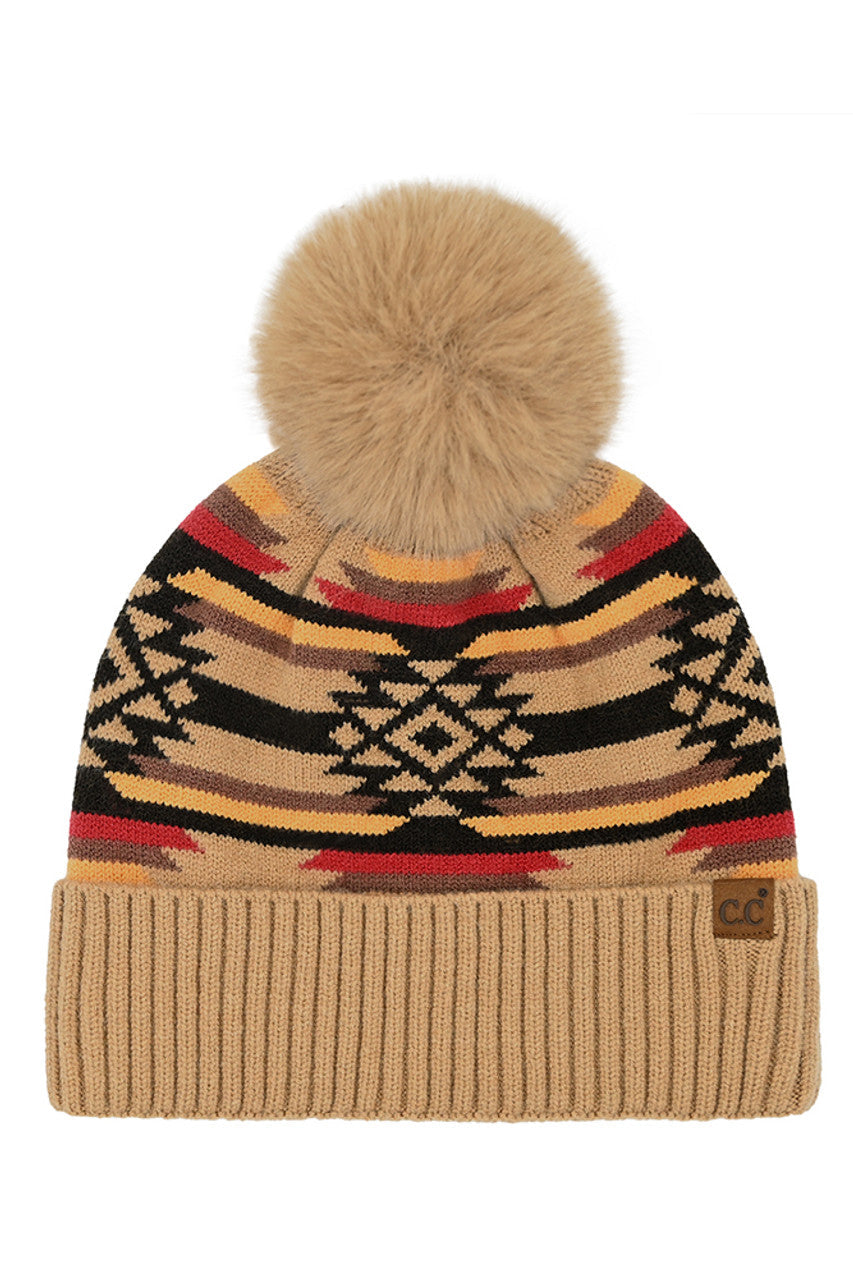 C.C Aztec Pattern Pom Cuff Beanie