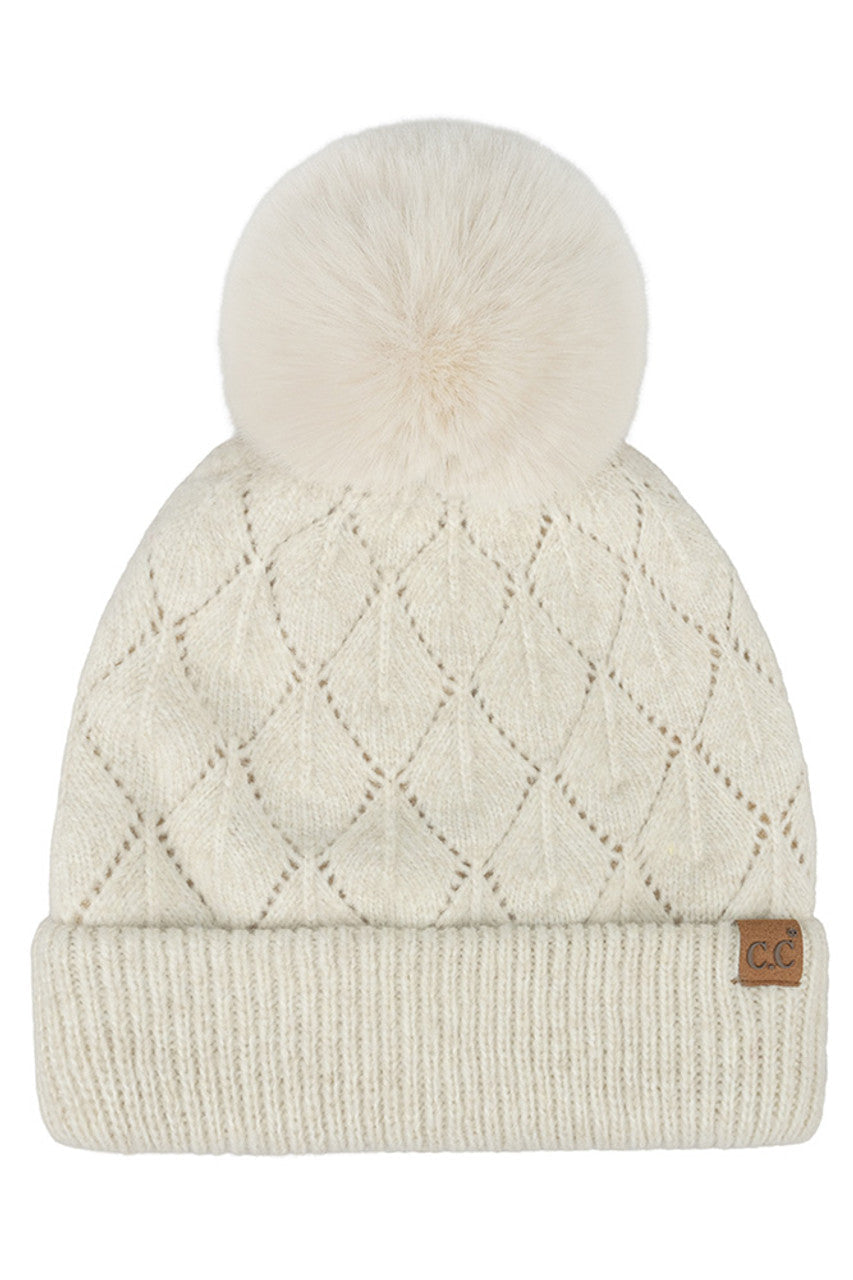 C.C Leaf Pattern Faux Fur Pom Solid Beanie