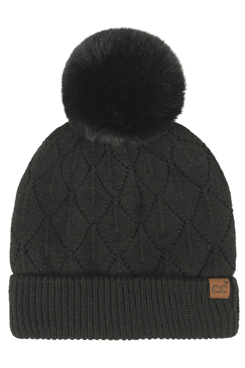 C.C Leaf Pattern Faux Fur Pom Solid Beanie
