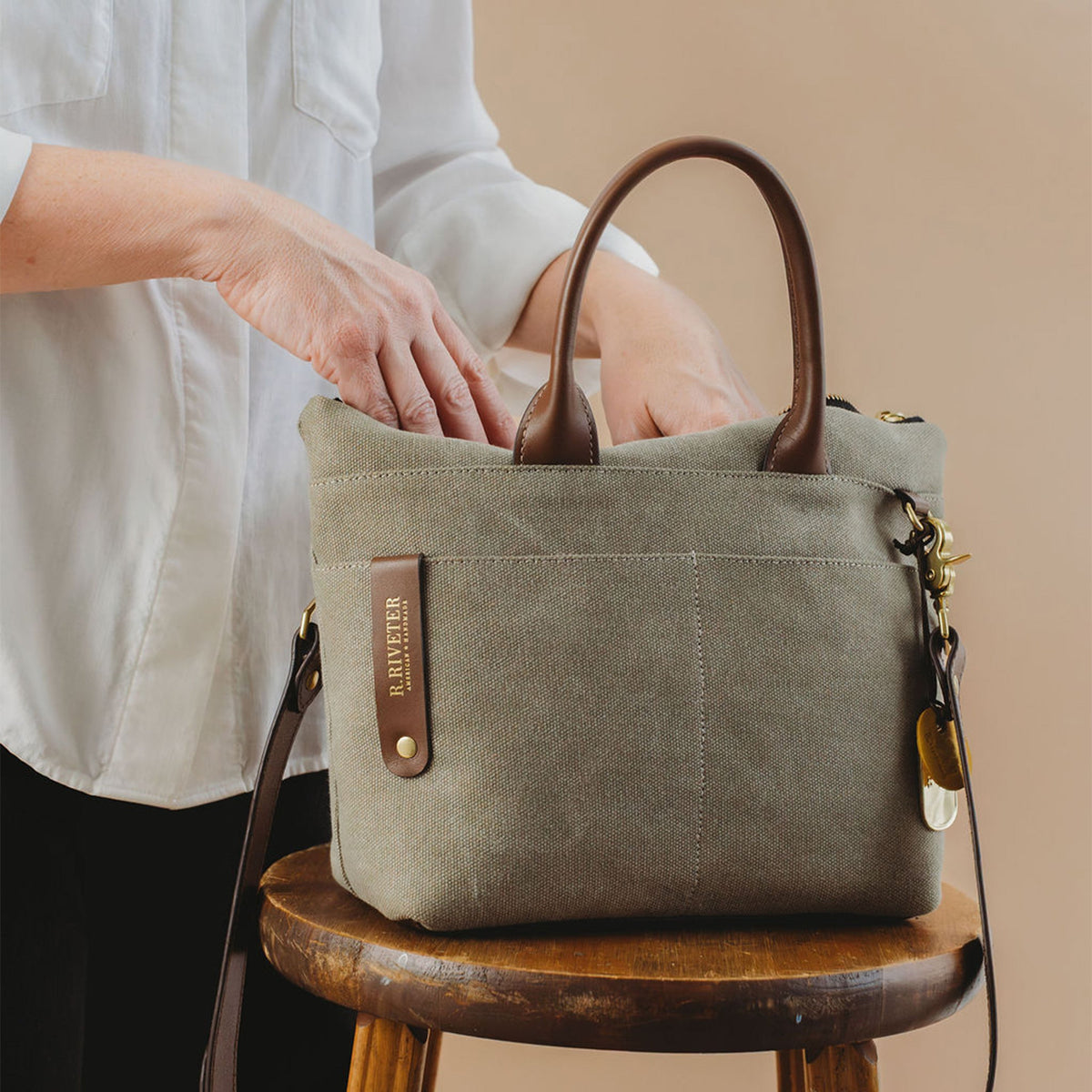 Dot Tote | Fatigue Washed Canvas + Brown Leather