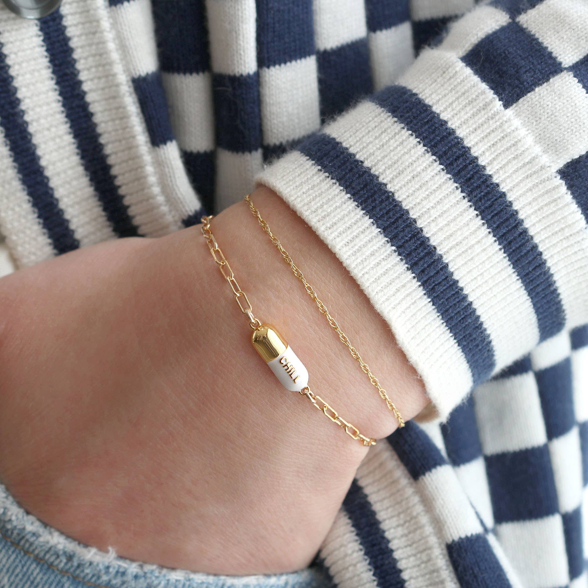 Kris Nations - Chill Pill Charm Bracelet 18K Gold Vermeil | Sterling Silver Charm Gold Filled | Sterling Silver Drawn Cable Chain Multiple Colors Lobster Clasp Nickel Free Ships from CA