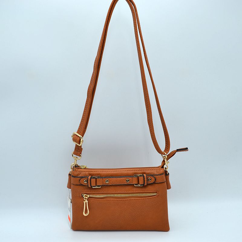 Multi-Zipper Crossbody Bag with Adjustable Strap and Gold Hardware