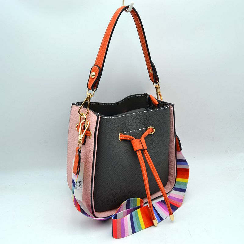 Color-Block Drawstring Bucket Bag with Multi-Strap Options