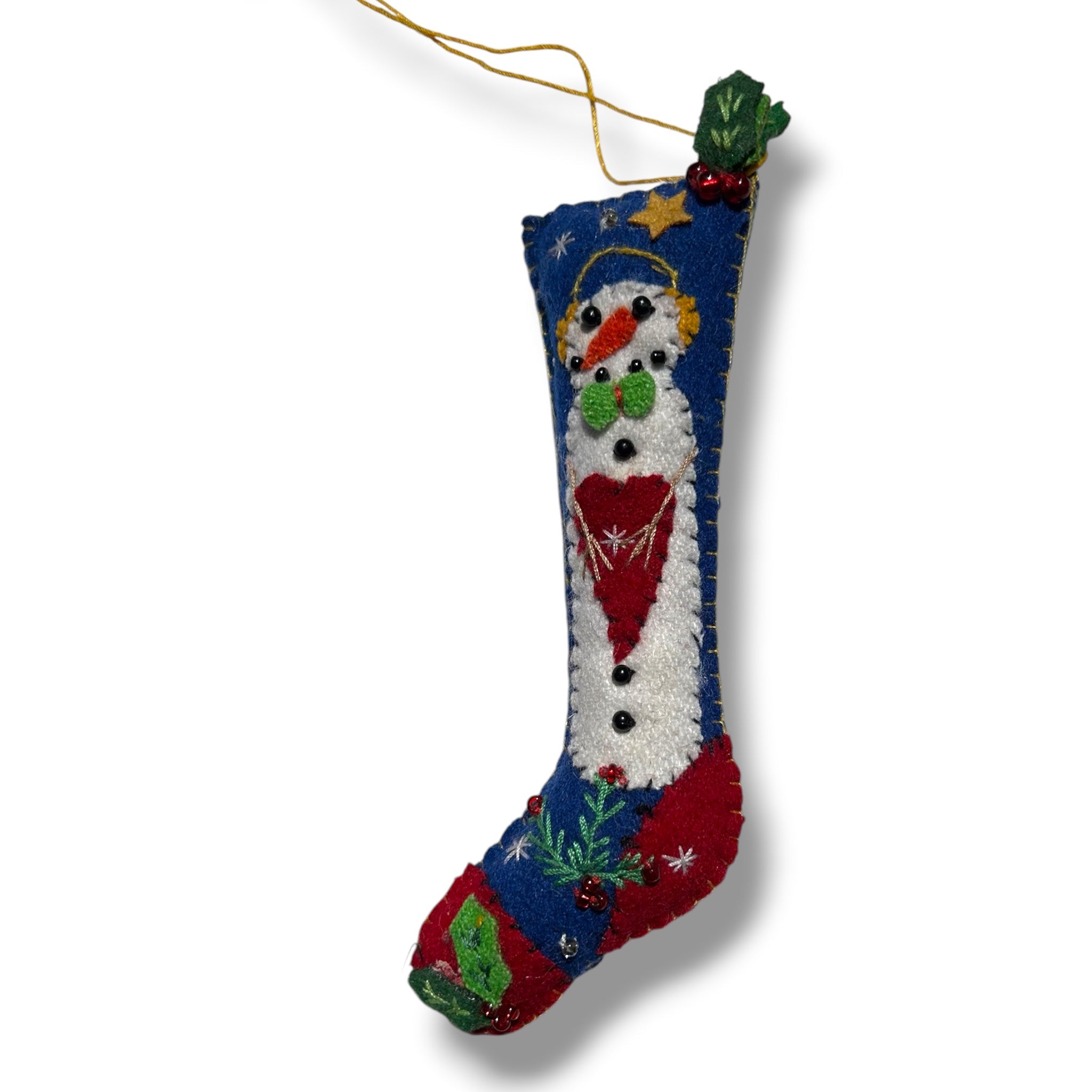 5.5" Blue Stocking w/Snowman Handcrafted Felt Ornament by Quirks! at Shirley Shoppe