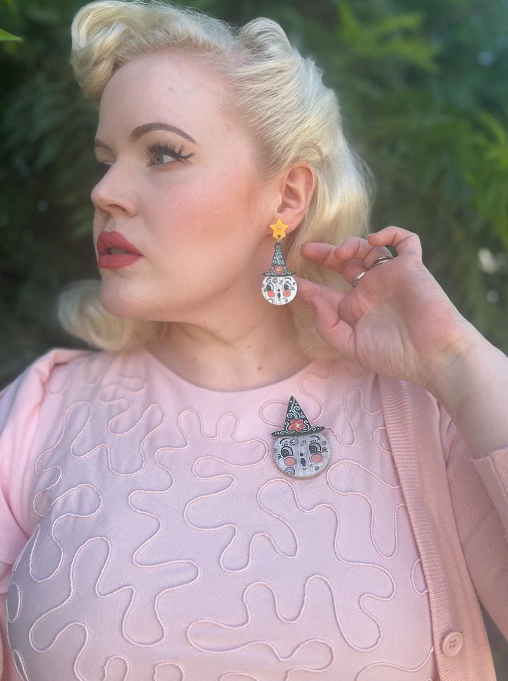 Bloomin' Luna Witch Statement Earrings by Johanna Parker x Lipstick & Chrome — Floral Moon Witch Drop Earrings