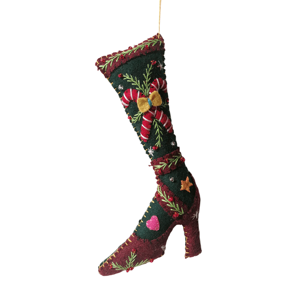 6.5" Red High Heeled Shoe w/Grn Stocking &Candy Canes by Quirks! at Shirley Shoppe