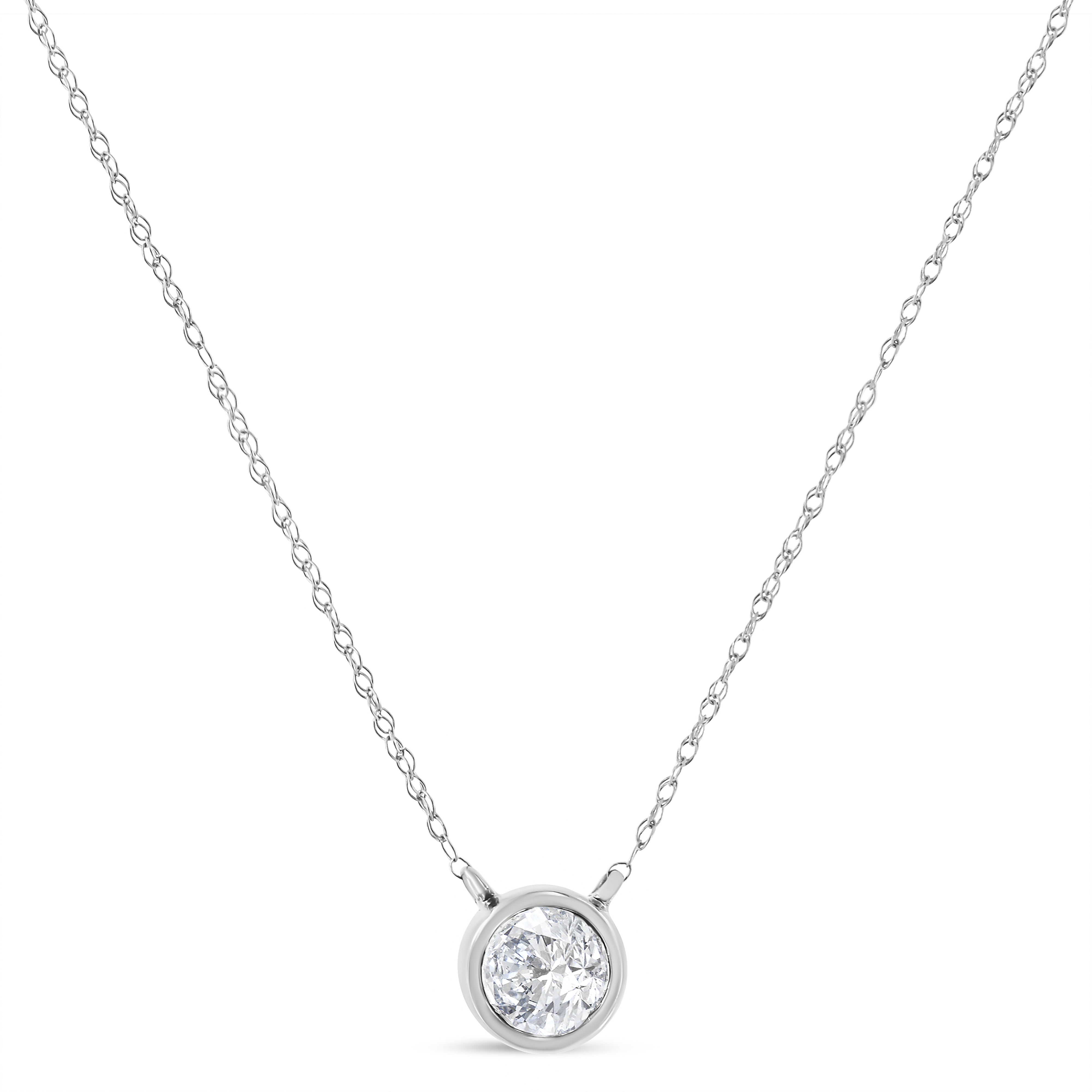 AGS Certified 10K White Gold 1/5 Cttw Bezel Set Round Diamond Solitaire 16-18" Adjustable Pendant Necklace (H-I Color, SI1-SI2 Clarity)