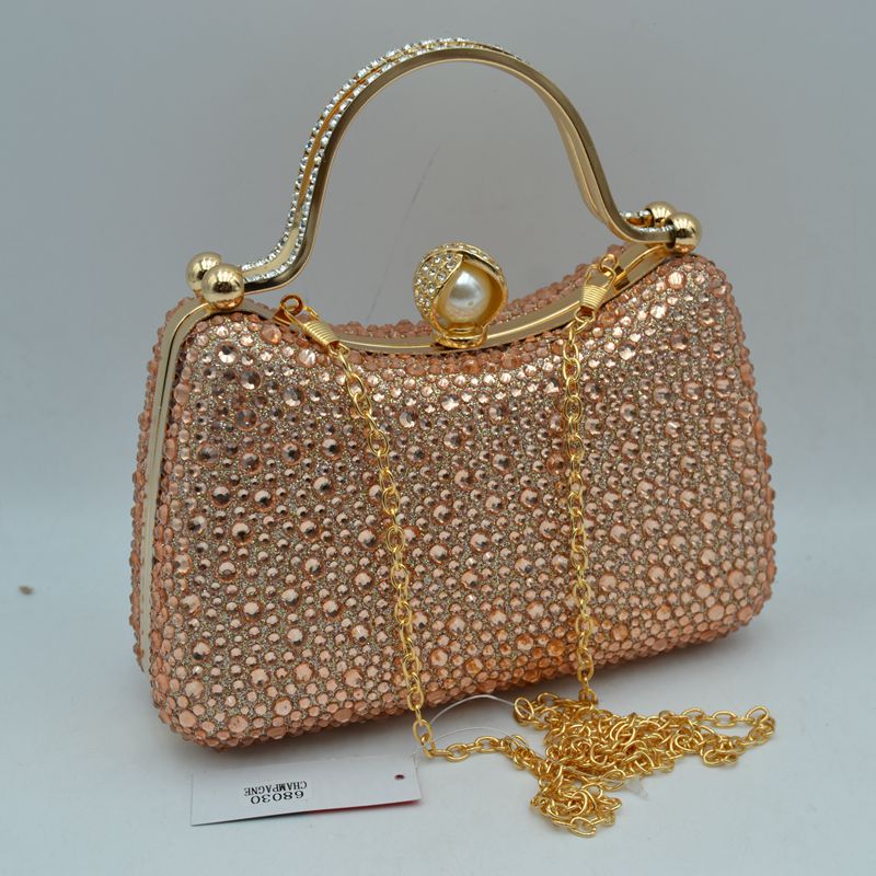 Rhinestone Encrusted Evening Clutch Bag with Pearl Clasp and Metal Handle