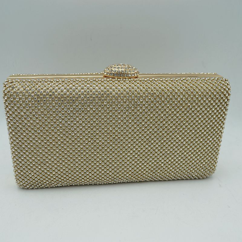 Grid Patterned Box Clutch with Jeweled Dome Clasp