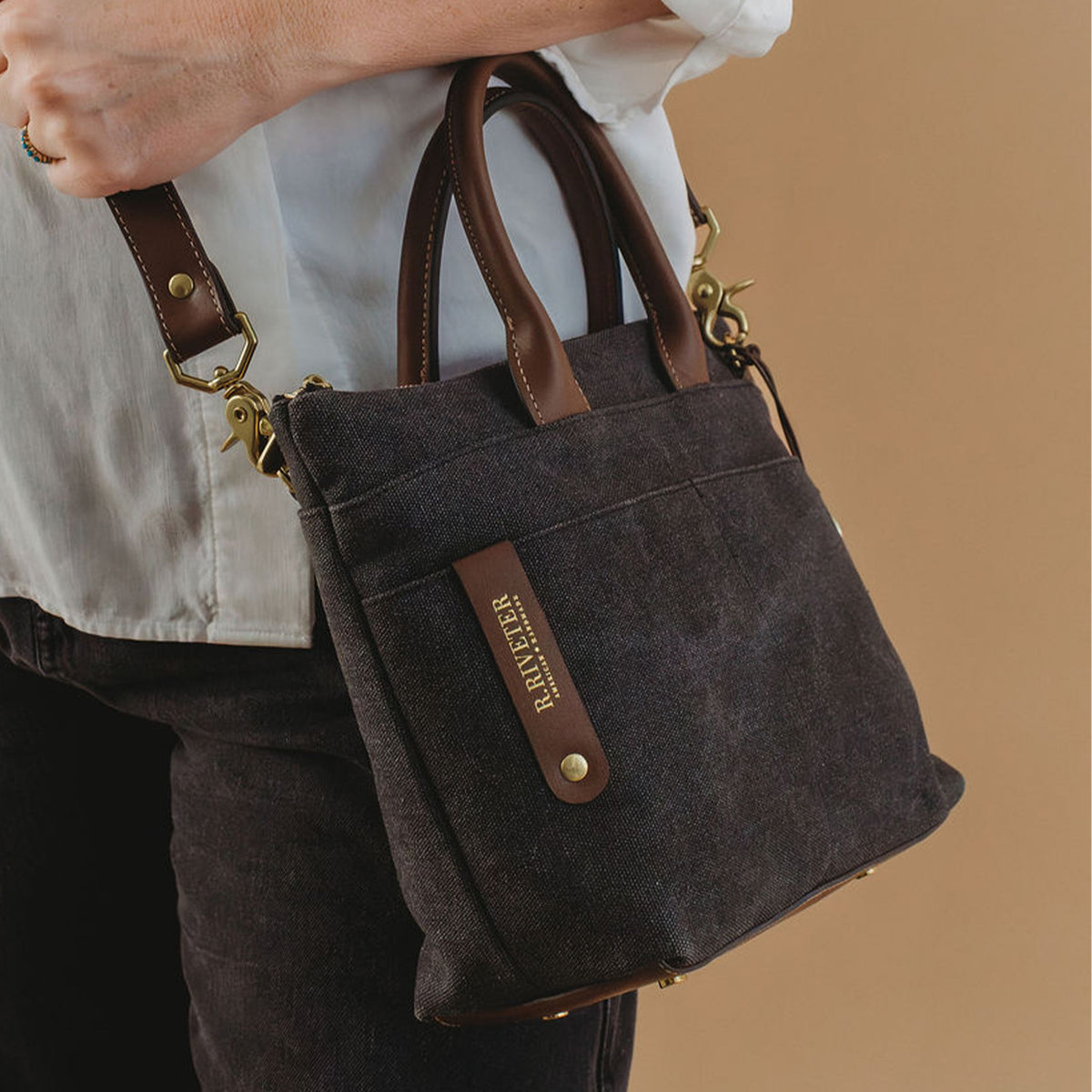 Dot Tote | Black Washed Canvas + Brown