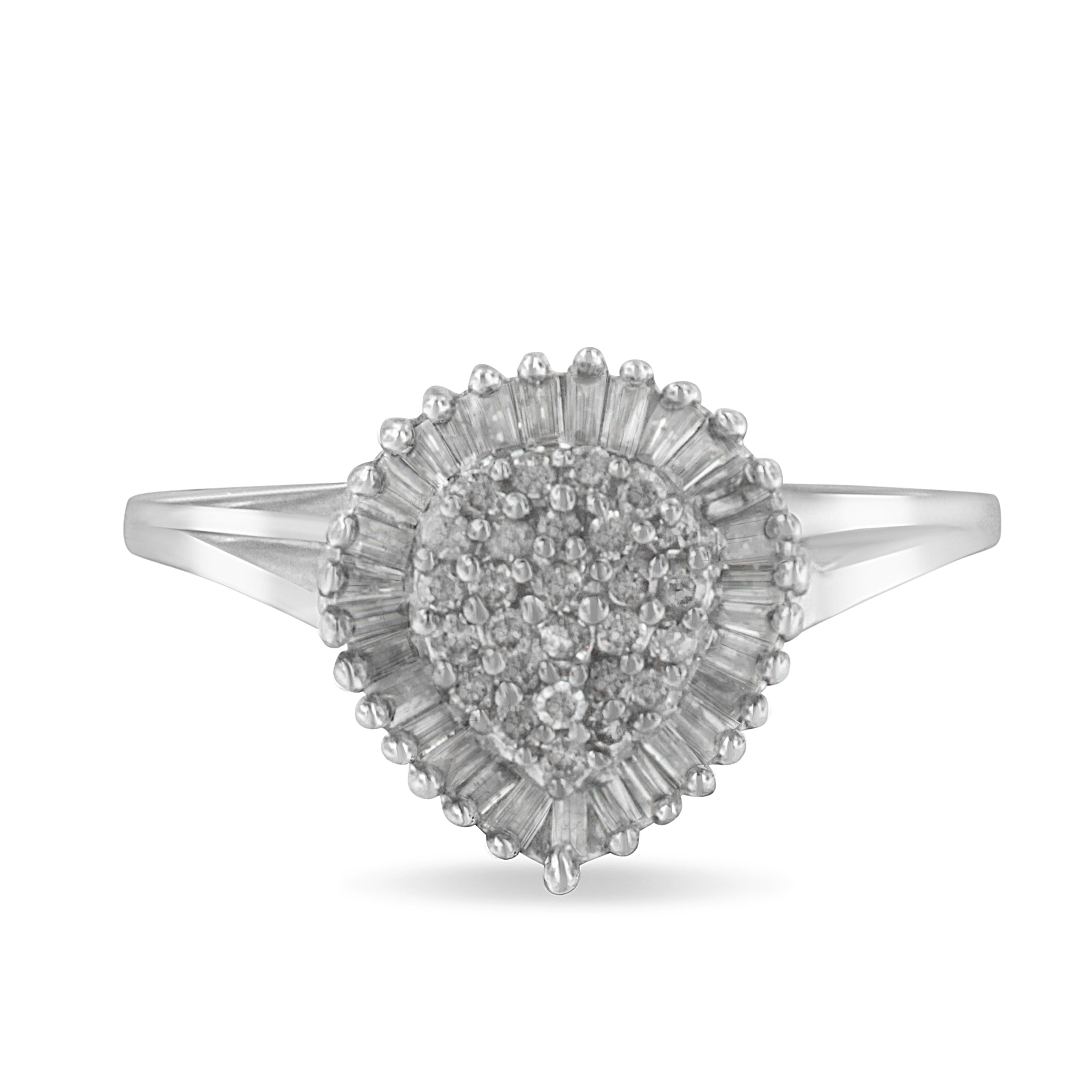 10K White Gold 1/2 Cttw Round & Baguette Cut Diamond Pear Shaped Domed PavÃ© Cluster with Halo Cocktail Ring (H-I Color, SI1-SI2 Clarity) - Size 5