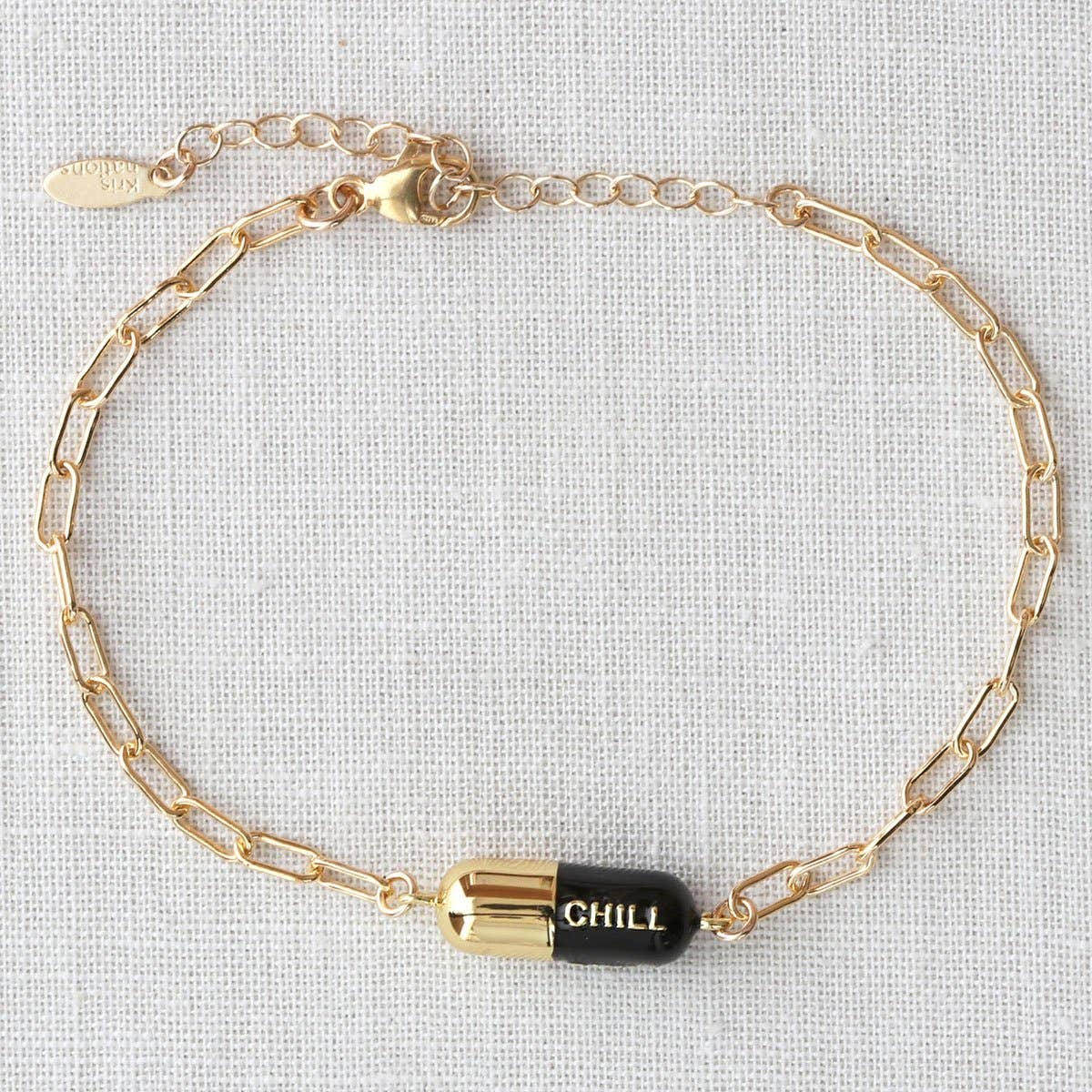 Kris Nations - Chill Pill Charm Bracelet 18K Gold Vermeil | Sterling Silver Charm Gold Filled | Sterling Silver Drawn Cable Chain Multiple Colors Lobster Clasp Nickel Free Ships from CA
