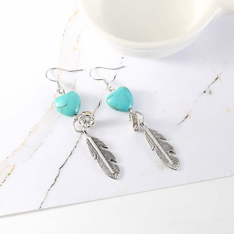 Women's Korean Style Trendy Turquoise Feather Vintage Alloy Stud Earrings