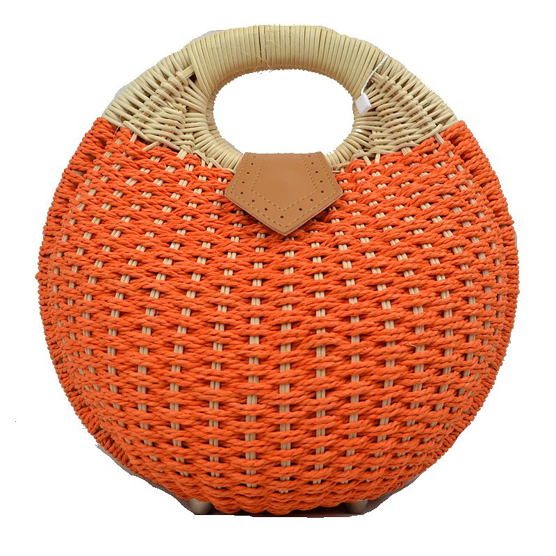 Boho Round Woven Straw Satchel – Convertible Circle Basket Bag with Chain Strap