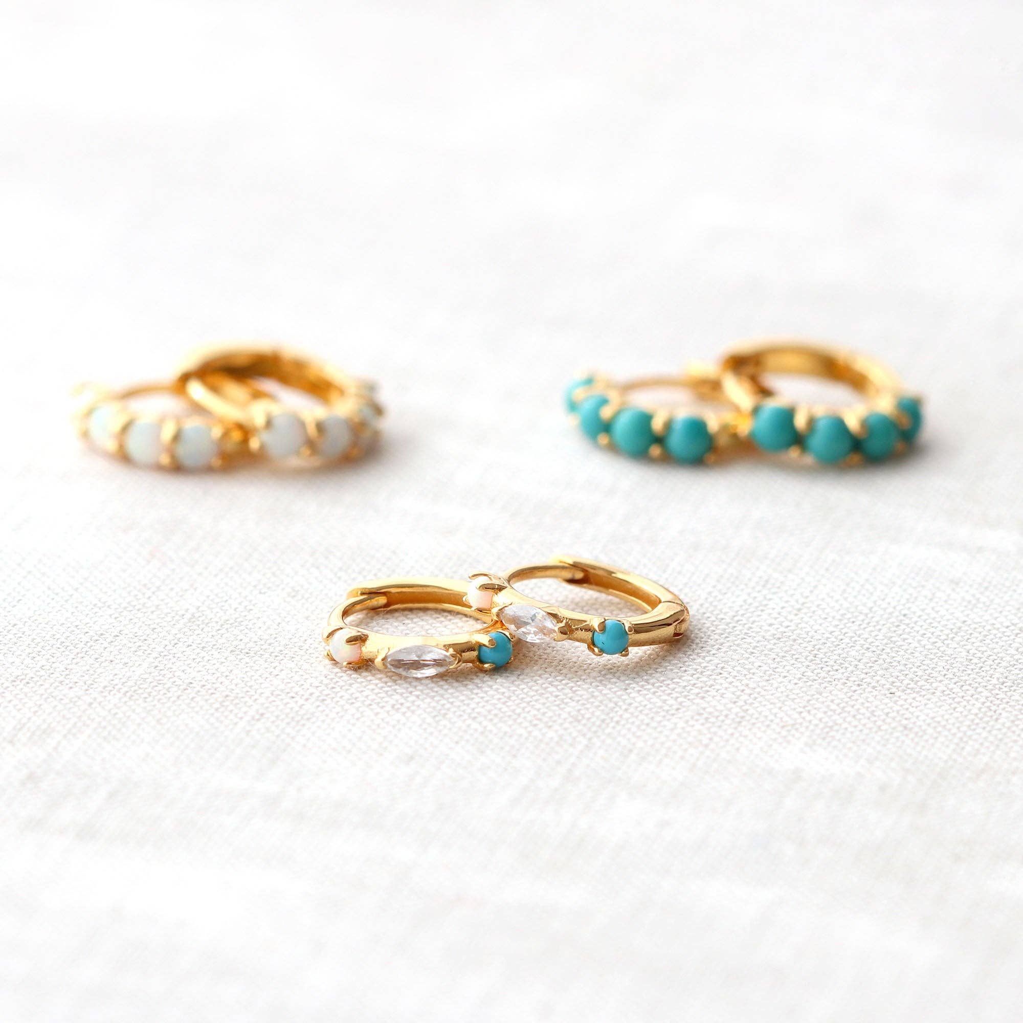 Kris Nations - Seaside Spark Huggie Hoop Earrings 18K Gold Vermeil CZ, Opal and Turquoise Stones 12.5" Hoops Hinge Closure Nickel Free Hypoallergenic Ships from CA