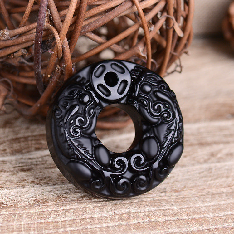 Natural Crystal Obsidian Black Silk Double Peace Pendant