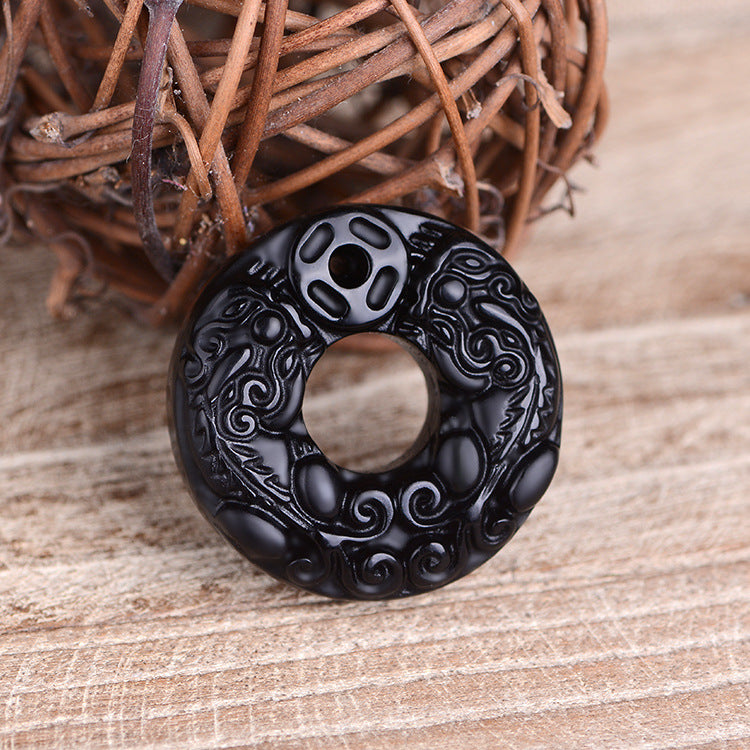 Natural Crystal Obsidian Black Silk Double Peace Pendant