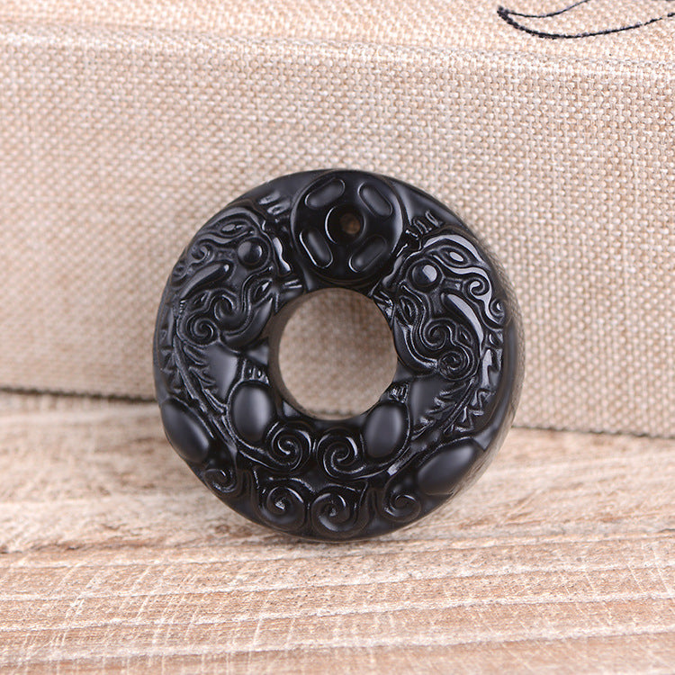 Natural Crystal Obsidian Black Silk Double Peace Pendant