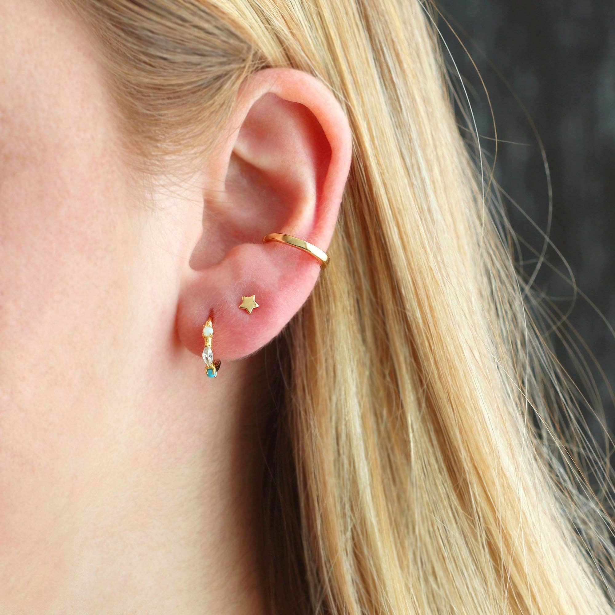 Kris Nations - Seaside Spark Huggie Hoop Earrings 18K Gold Vermeil CZ, Opal and Turquoise Stones 12.5" Hoops Hinge Closure Nickel Free Hypoallergenic Ships from CA