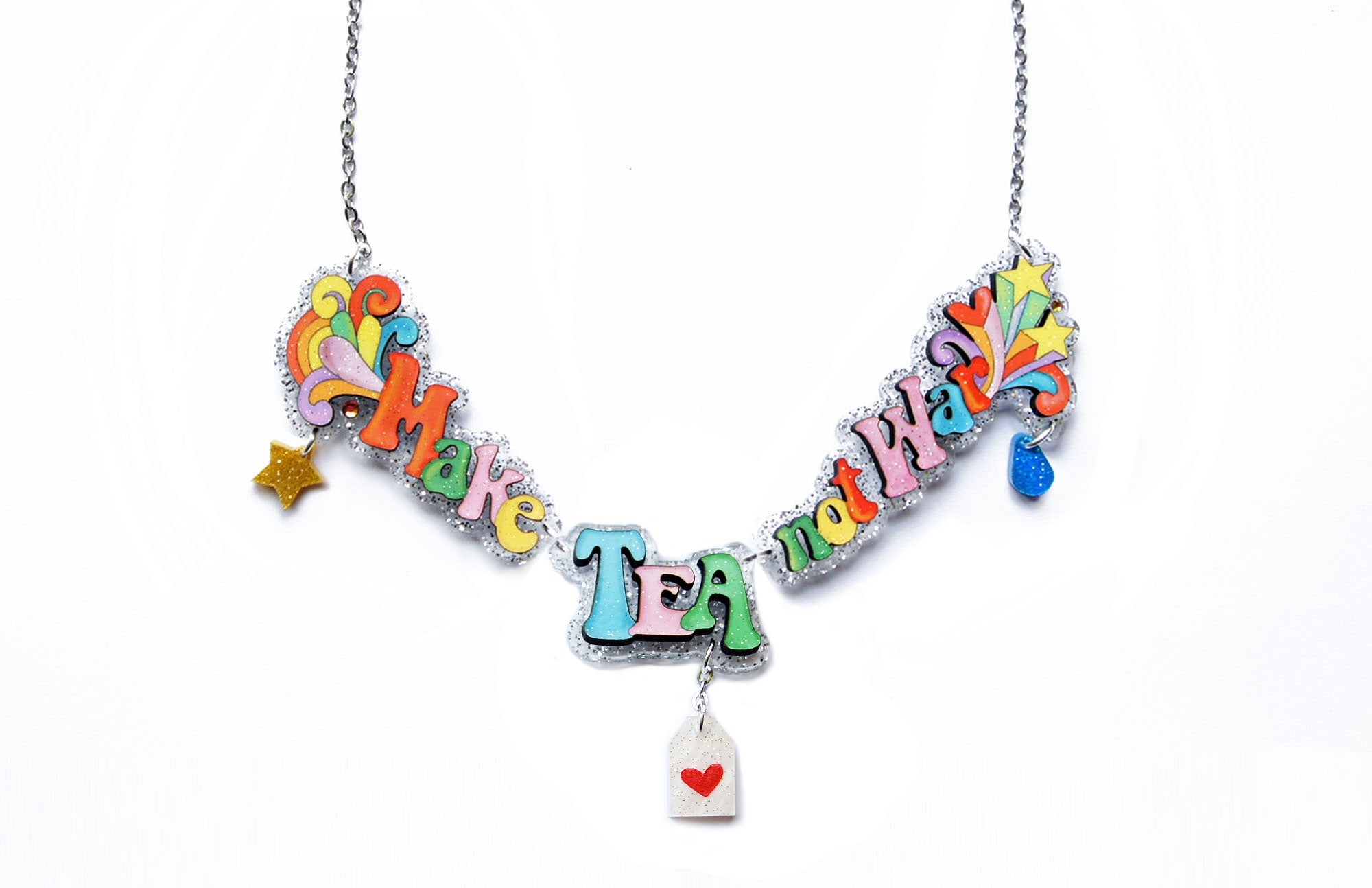 Make Tea Not War Necklace by Laliblue – Retro Statement Necklace Vintage Inspired