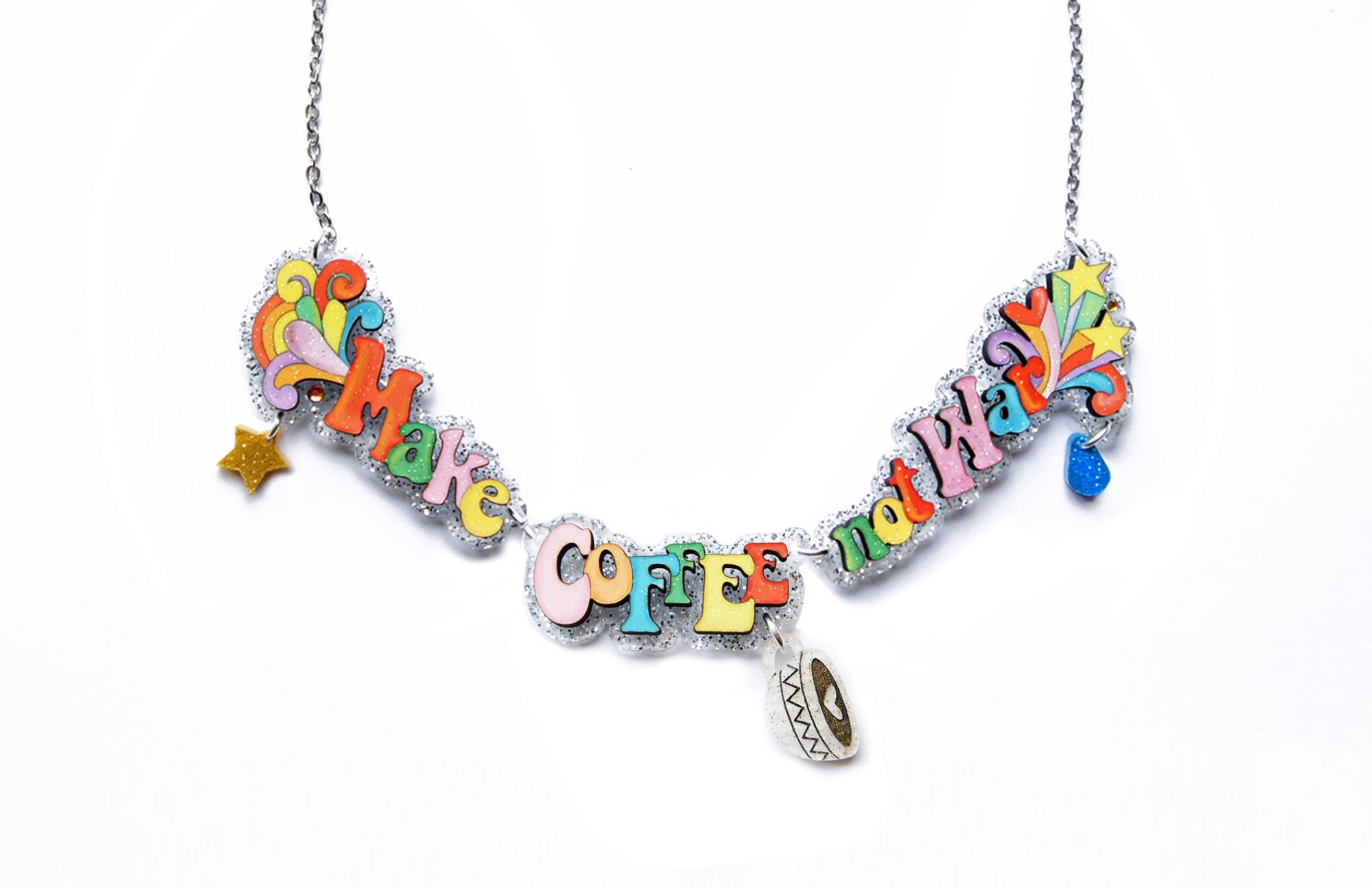 Make Tea Not War Necklace by Laliblue – Retro Statement Necklace Vintage Inspired