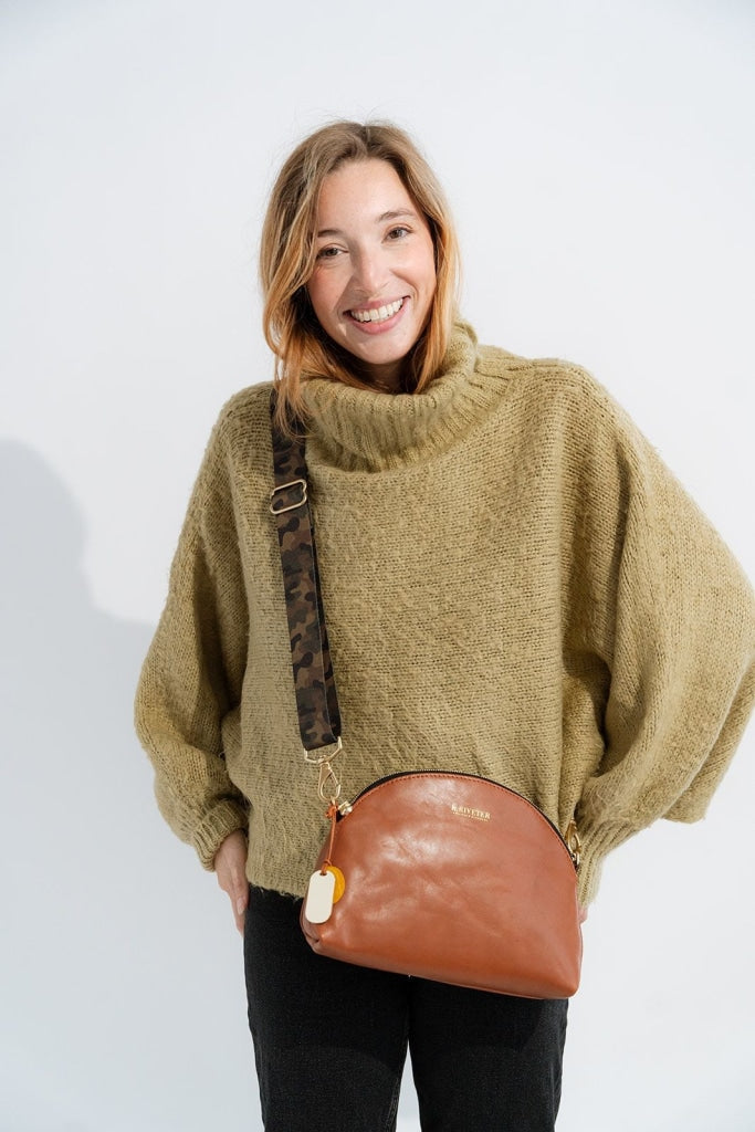 Hopper | Riveter Tan Leather Crossbody Bag with Camo Webbed Strap