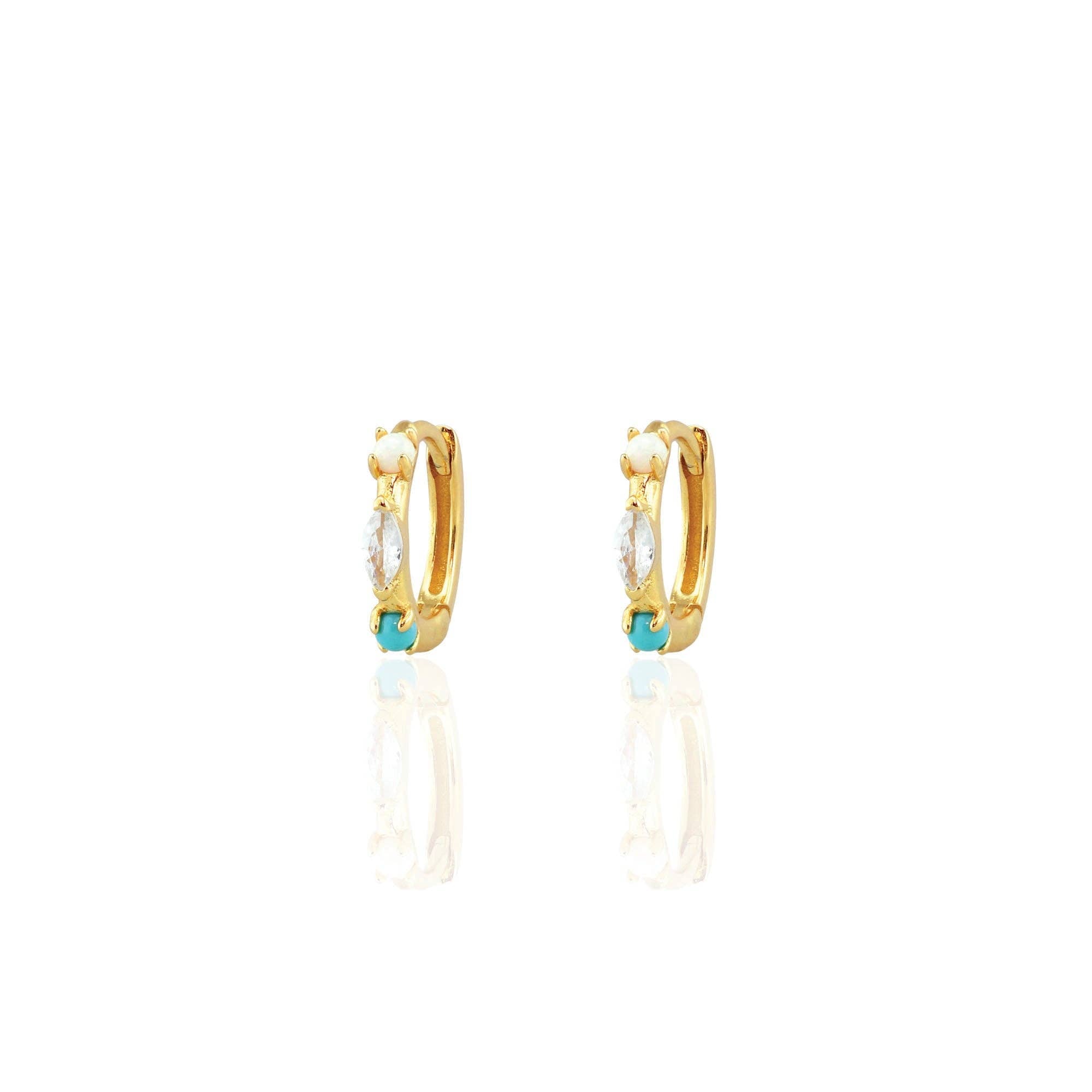 Kris Nations - Seaside Spark Huggie Hoop Earrings 18K Gold Vermeil CZ, Opal and Turquoise Stones 12.5" Hoops Hinge Closure Nickel Free Hypoallergenic Ships from CA