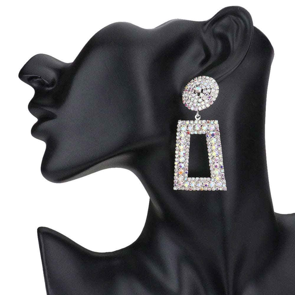 Rhinestone Pave Open Rectangle Dangle Evening Earrings