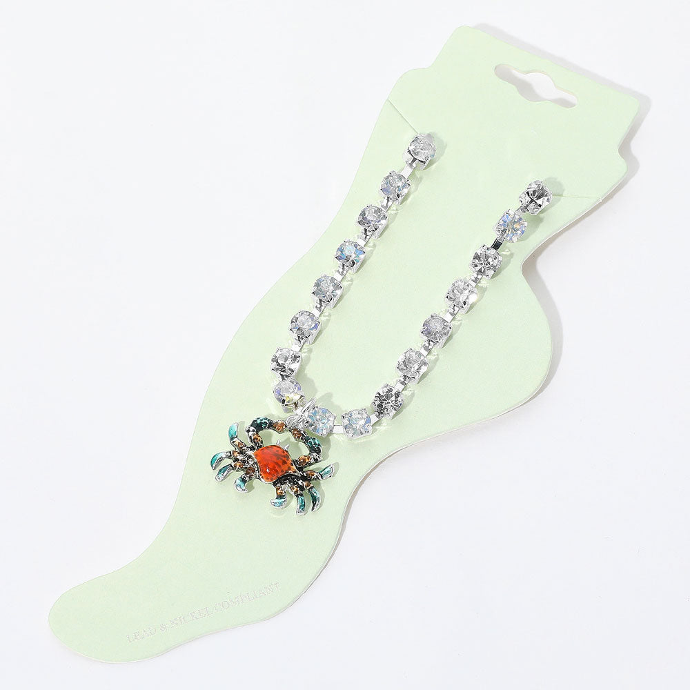 Enamel Crab Charm Round Stone Anklet
