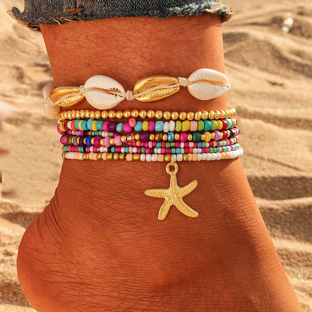 6PCS - Starfish Charm Accented Conch Shell Seed Beaded Multi Layered Anklets