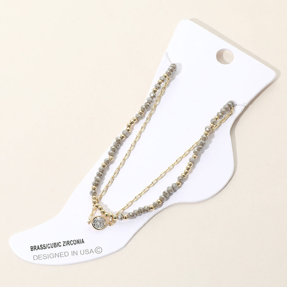 CZ Stone Bezel Accent Paperclip Chain Faceted Beaded Layered Anklet