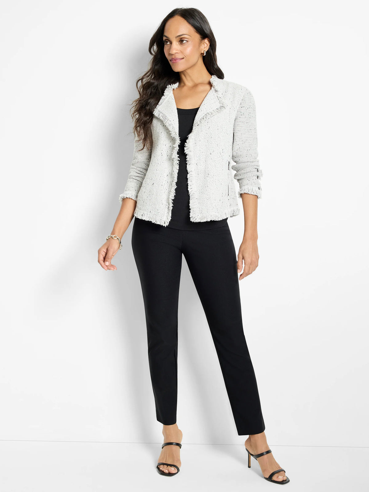 Fringe Mix Knit Jacket in Sugar Cookie with fringe trim on collar, front and cuffs