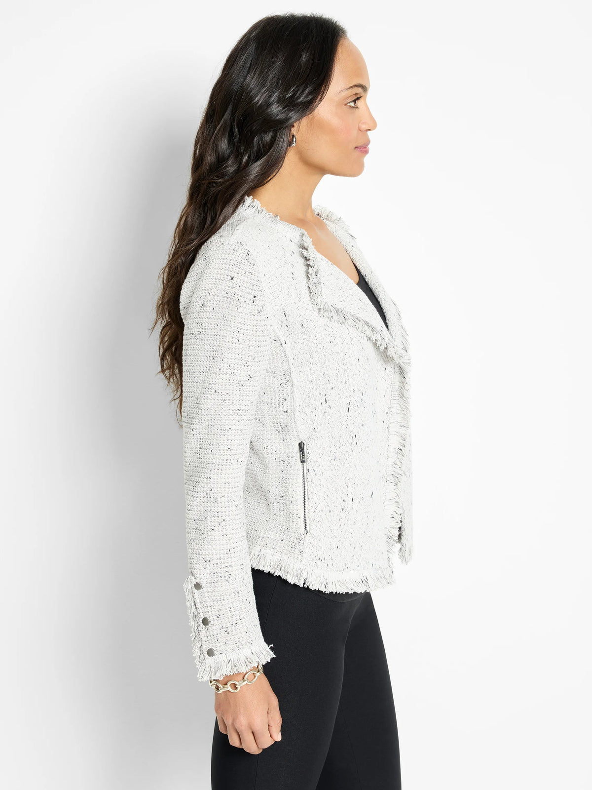 Fringe Mix Knit Jacket in Sugar Cookie, side view showing pocket and cuff details