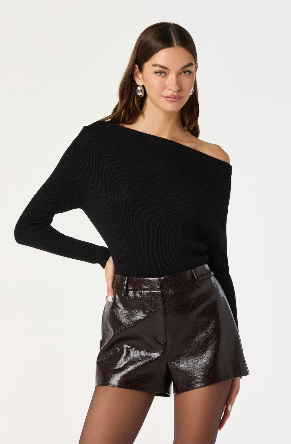 Off-Shoulder Ribbed Knit Sweater Top