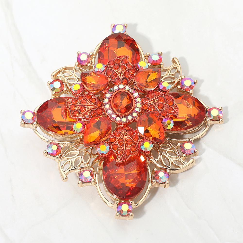 Bold Vintage Floral Rhinestone Pin Brooch