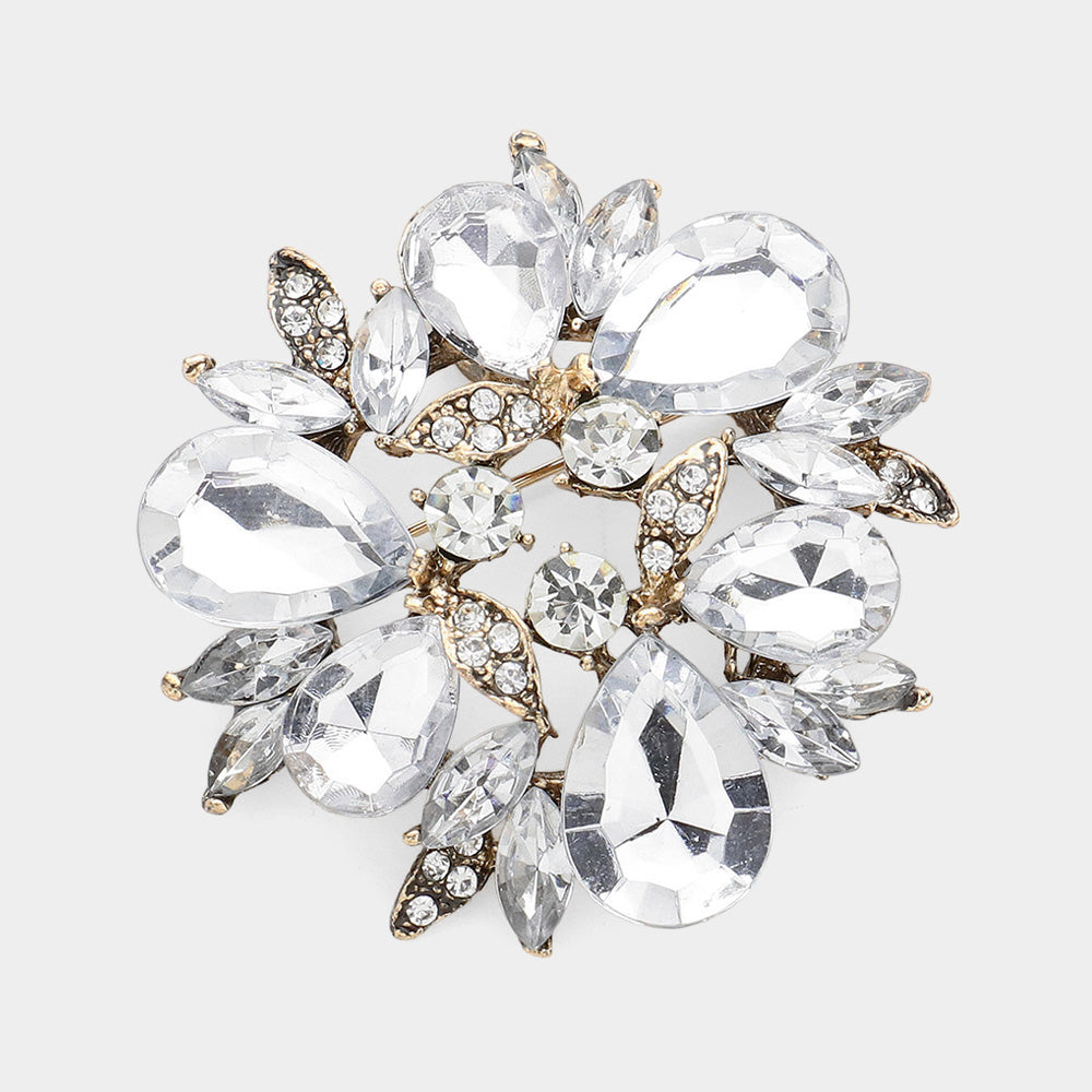 Glass Crystal Teardrop Wreath Pin Brooch