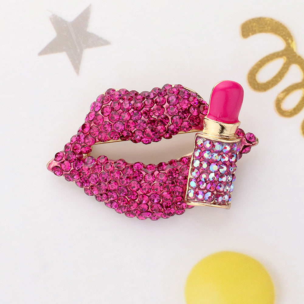 Women's Bling Studded Lip and Lipstick Pin Brooch