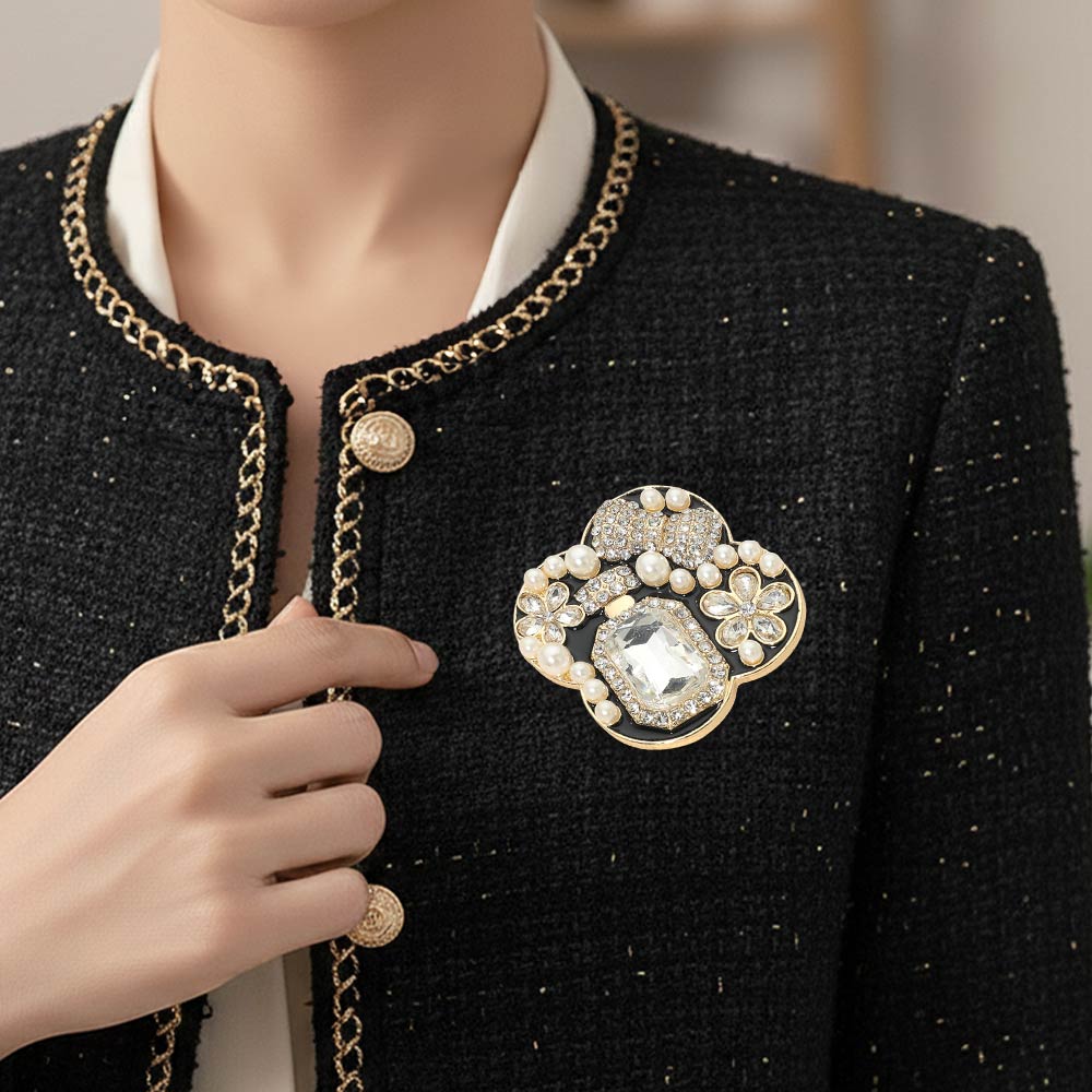 Floral Pearl Bow Embellished Pin Brooch